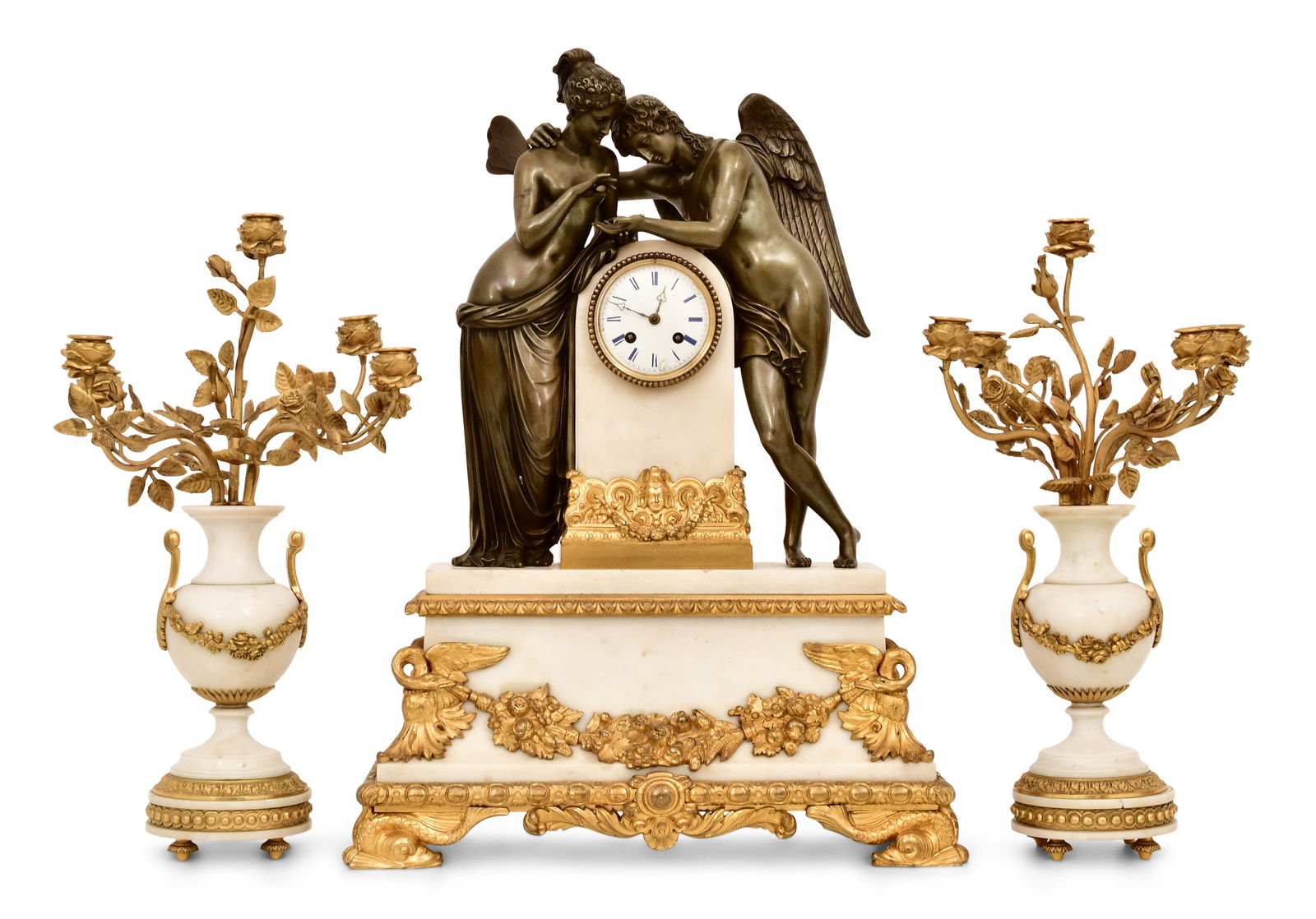 A Fine French Napoleon III Figural Bronze & Marble Clock Garniture, Roblin, Paris: A Fine French Napoleon III Figural Bronze & Marble Clock Garniture, Roblin, Parismid-19th centuryallegorical winged figures atop a white marble base flanking a clock, French ebauche 8-day brass spring