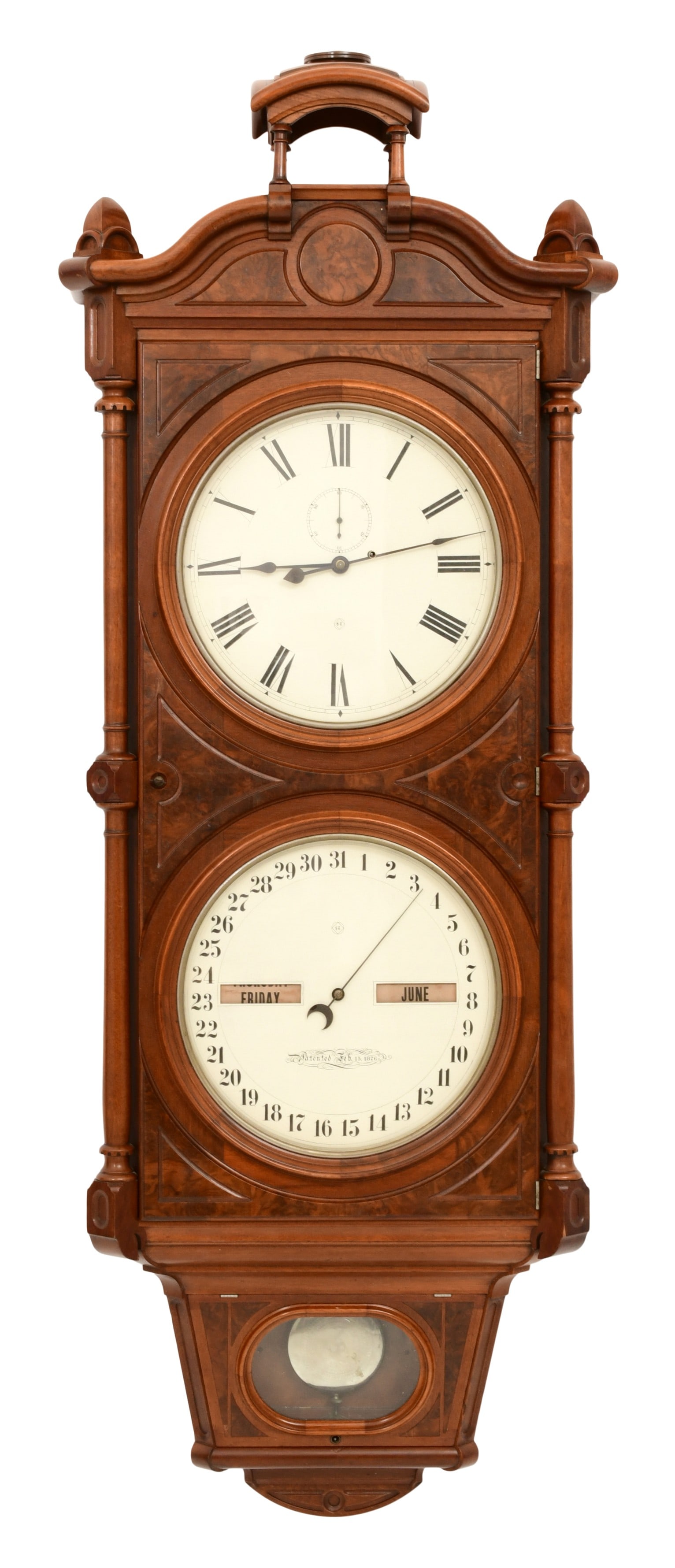 Seth Thomas "Office Calendar No. 8" Wall Clock: Seth Thomas "Office Calendar No. 8" Wall Clocklate 19th centurywalnut case with burled walnut trim panels and original canopy top, carved corner finials over turned corner columns, raised beveled pane