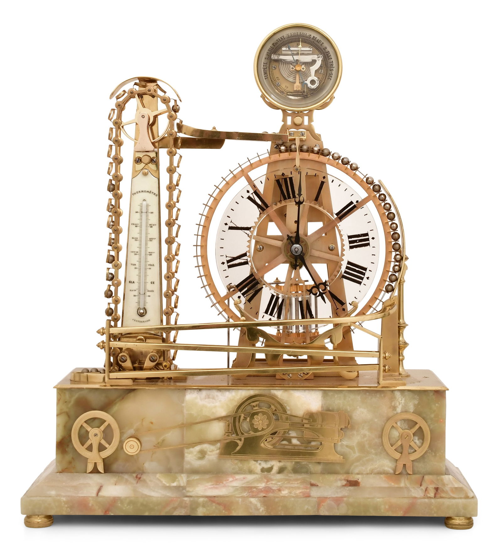 A Rare French Gilt Bronze Gravity Ball Waterwheel Industrial Clock: A Rare French Gilt Bronze Gravity Ball Waterwheel Industrial Clocklate 19th centurygilt bronze waterwheel, thermometer and barometer, and conveyor surmounted on a green onyx base with gilt bronze indu