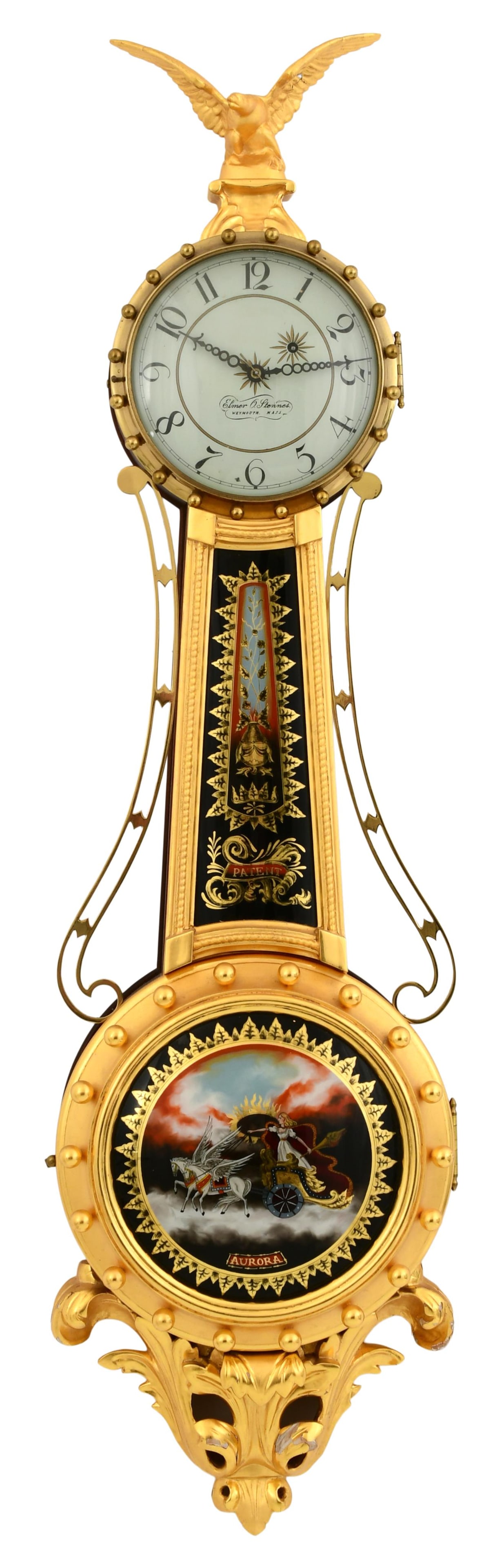 Elmer O. Stennes Girandole Banjo Clock, Pembroke, Massachusetts: Elmer O. Stennes Girandole Banjo Clock, Pembroke, Massachusettscirca 1973mahogany girandole gold leaf case with "Aurora" tablet, brass 8-day time-only weight-driven movement, case marked "73" for 1973