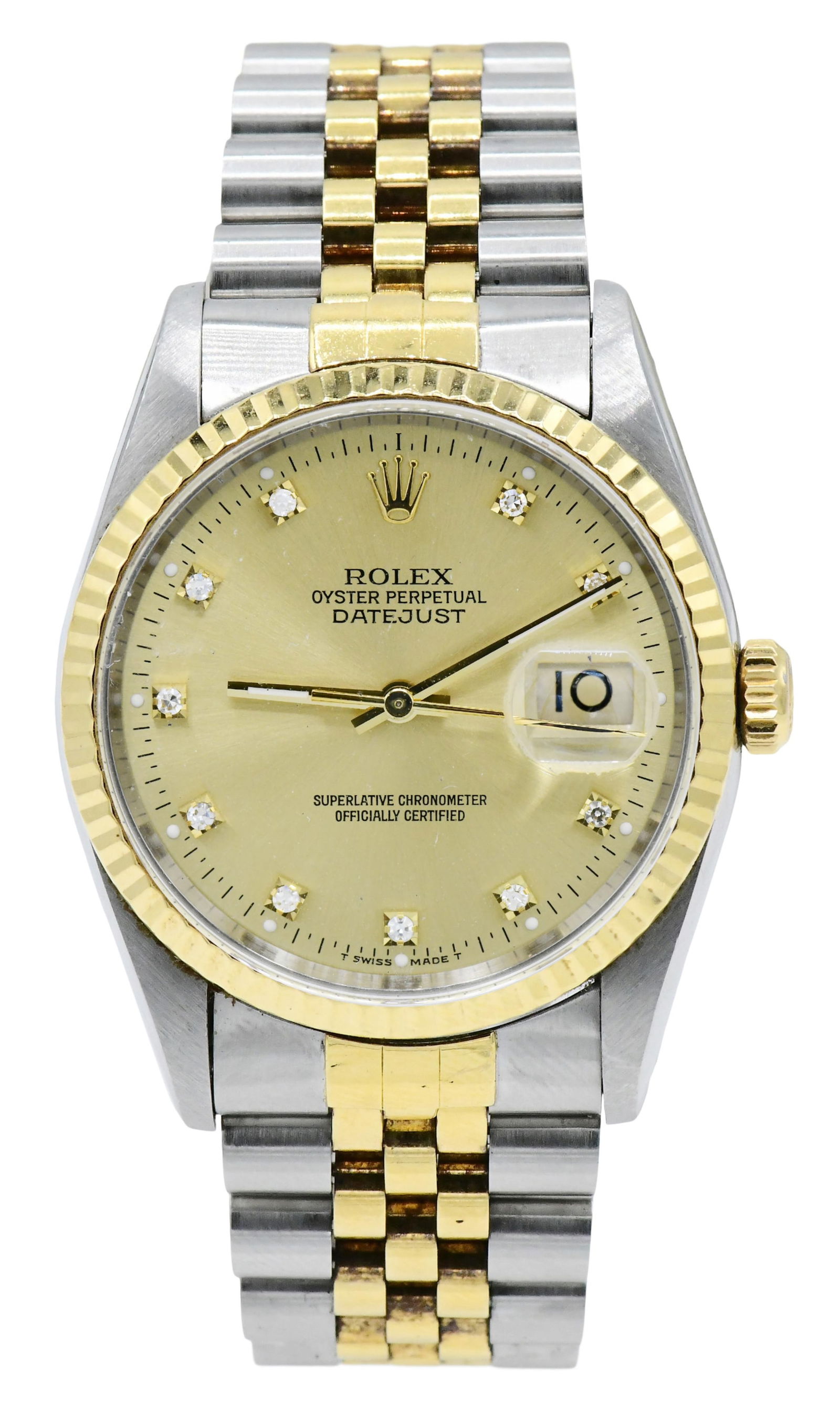 Rolex Datejust Two-Tone Wristwatch, Ref. 16233, 18K Gold & Stainless Steel, Circa 1979: Rolex Datejust Two-Tone Wristwatch, Ref. 16233, 18K Gold & Stainless Steel, Circa 1979Case: 18K Gold, Stainless SteelCase Diameter: 36mmDial: Champagne, Original Diamond-Set NumeralsBracelet: 18K Gold
