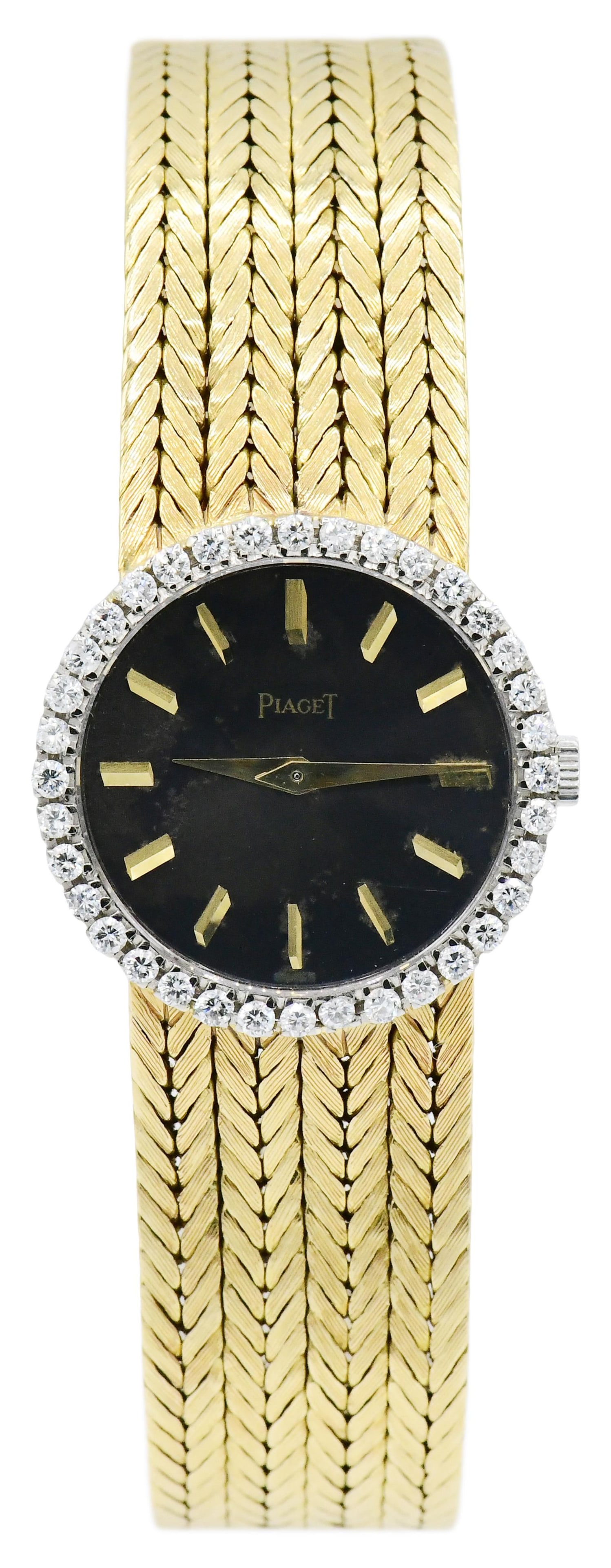 Piaget 18K Gold & Diamond Ladies Wristwatch: Piaget 18K Gold & Diamond Ladies WristwatchCase: 18K Gold, Diamond BezelCase Diameter: 24mmDial: Grey marbleBracelet Material: 18K GoldMovement: ManualSigned: Case, dial, bracelet and movement