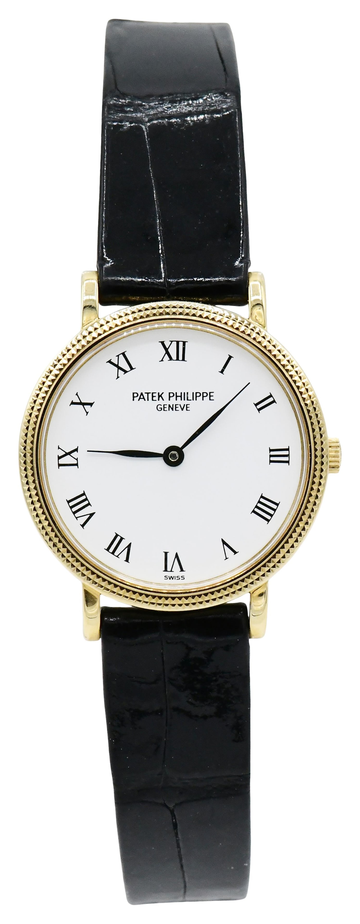 Patek Philippe 18K Gold Calatrava Ladies Wristwatch, Reference 4819, Circa 1996: Patek Philippe 18K Gold Calatrava Ladies Wristwatch, Reference 4819, Circa 1996Case: 18K GoldCase Diameter: 25mmDial: White, black Roman numeral hour markers, black leaf handsCase: Brushed and polishe