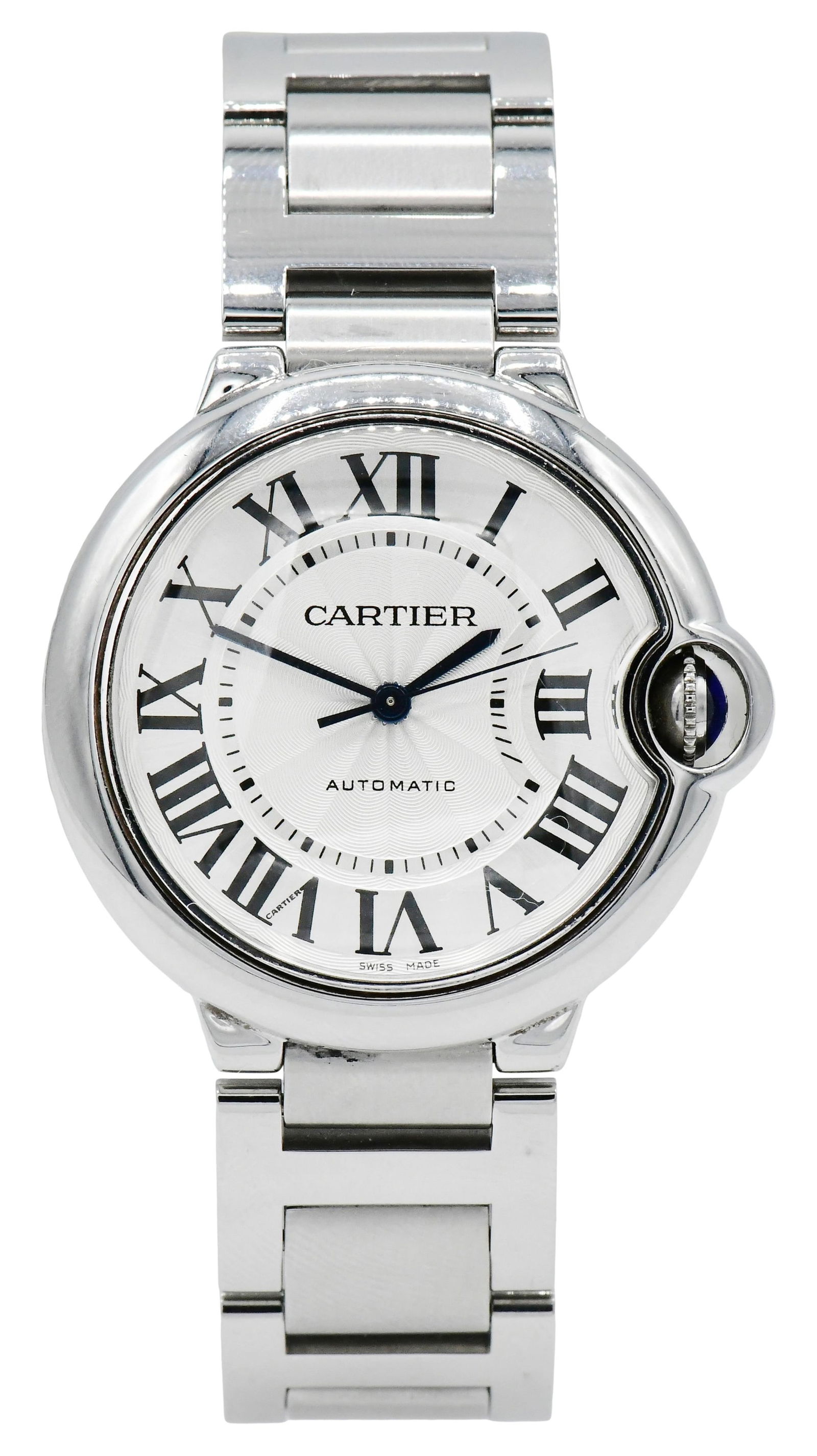 Cartier "Ballon Bleu" Stainless Steel Wristwatch, Reference 3284: Cartier "Ballon Bleu" Stainless Steel Wristwatch, Reference 3284Case: Stainless SteelCrown: Cabochon StoneCase Diameter: 36mmDial: Silver, Engine TurnedReference: 3284Movement: AutomaticBracelet Marke