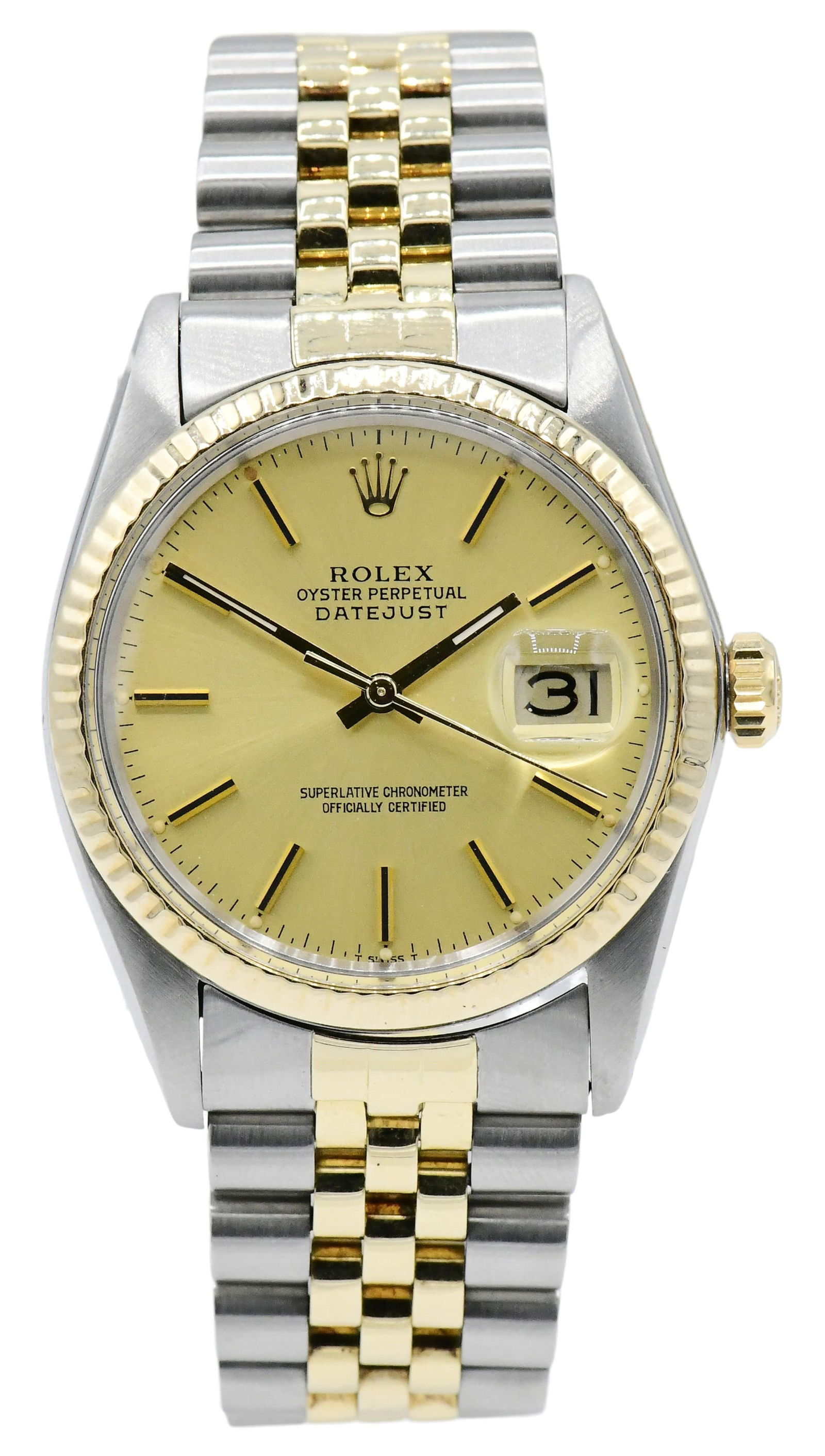 Rolex Datejust Two-Tone Wristwatch, Ref. 16013, 18K Gold & Stainless Steel, Circa 1981: Rolex Datejust Two-Tone Wristwatch, Ref. 16013, 18K Gold & Stainless Steel, Circa 1981Case: 18K Gold, Stainless SteelCase Diameter: 36mmDial: ChampagneBracelet: 18K Gold, Stainless SteelReference Numb