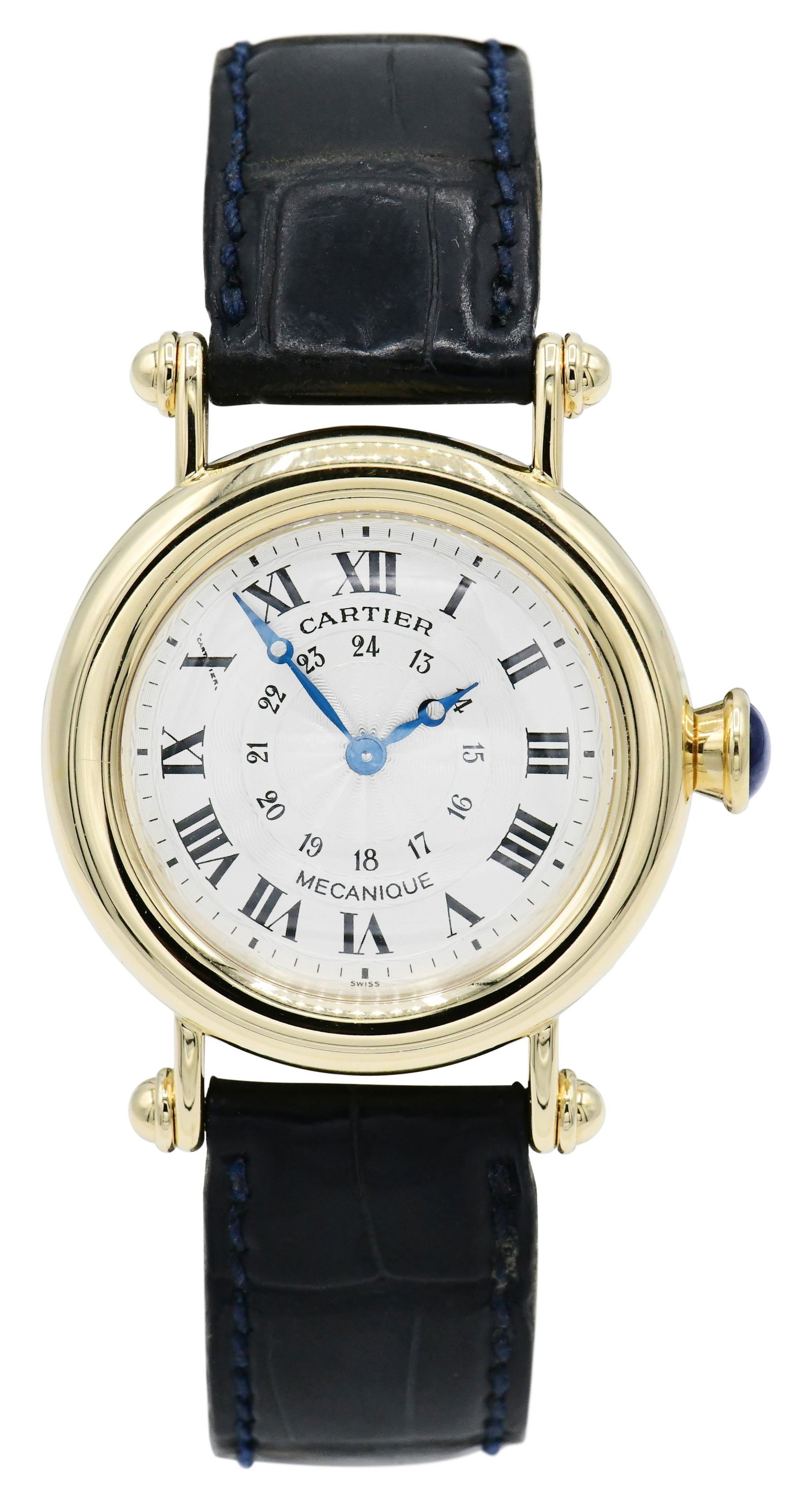 Cartier "Diabolo" 18K Gold Wristwatch, Reference 1460: Cartier "Diabolo" 18K Gold Wristwatch, Reference 1460Case: 18K GoldCrown: Blue Sapphire Cabochon StoneCase Diameter: 32mmDial: Silver, Engine TurnedMovement: MechanicalBracelet Marked: "Cartier"Case M