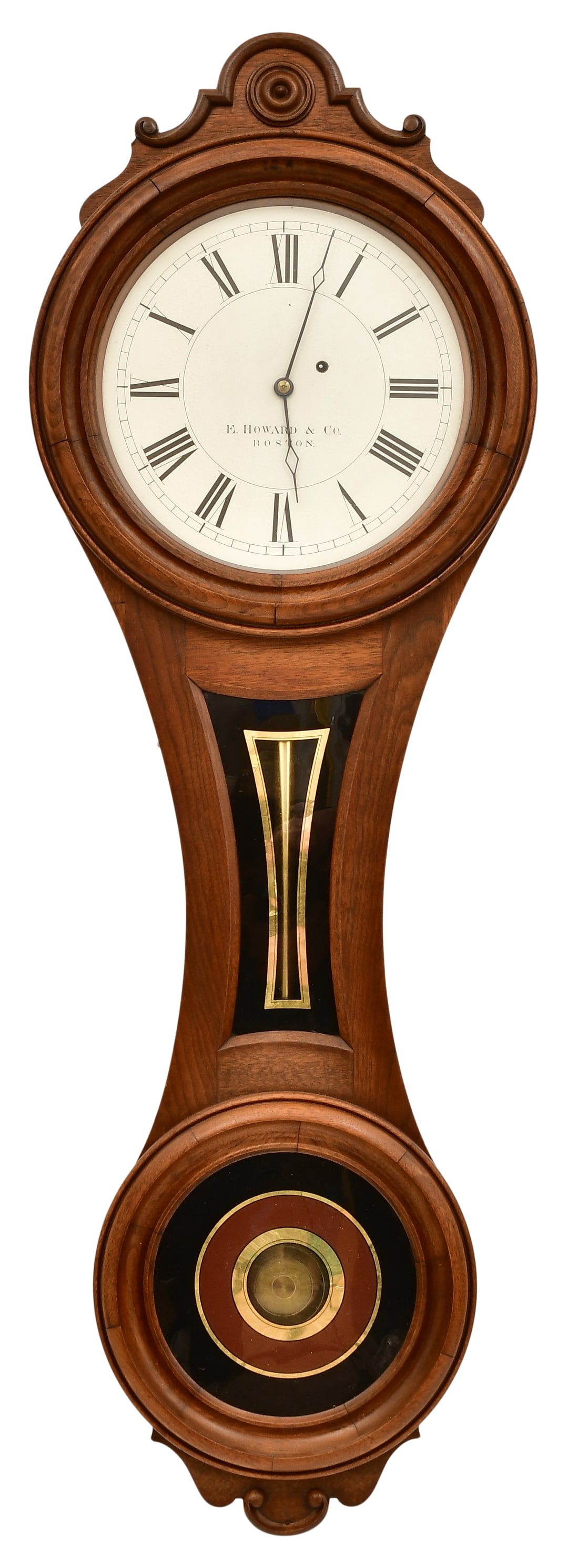 E. Howard & Co. No. 7 "Figure Eight" Wall Clock: E. Howard & Co. No. 7 "Figure Eight" Wall Clocklate 19th centurywalnut case with reverse painted tablets, 8-day weight-driven movement with anchor escapement, dial signed "E. Howard & Co., Boston," mo
