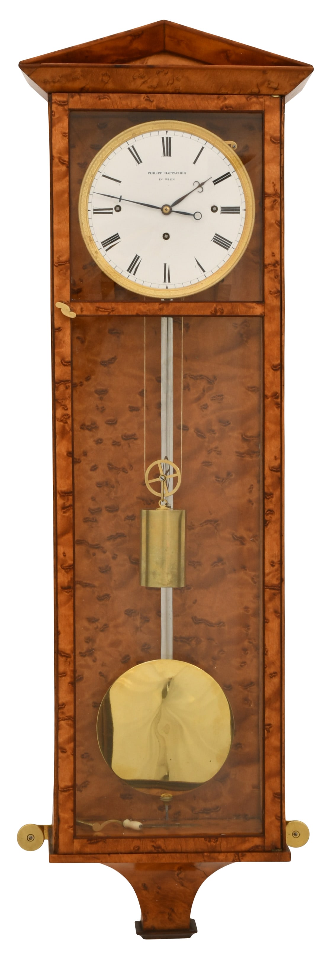 Philipp Happacher Miniature Dachluhr Grande Sonnerie Wall Clock, Wien: Philipp Happacher Miniature Dachluhr Grande Sonnerie Wall Clock, Wienearly 18th centuryburl walnut 6 light case with porcelain dial and brass bezel, 8-day brass weight driven (time) with spring driven