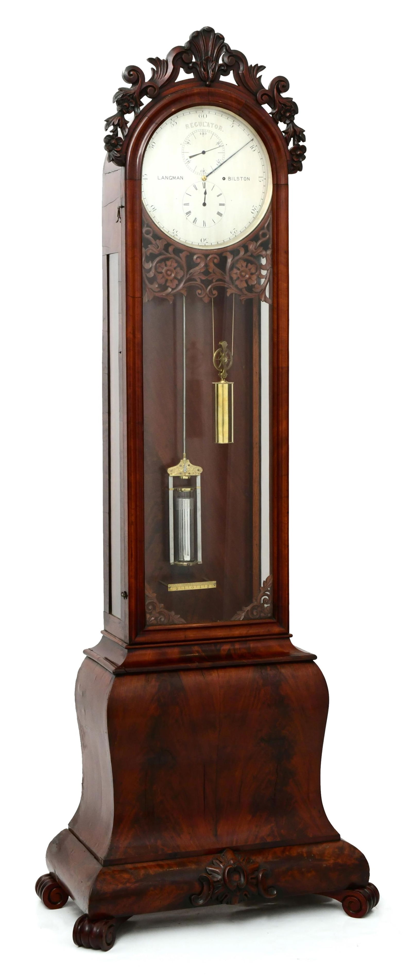 English Astronomical Floor Regulator by Alfred Langman, Bilston: English Astronomical Floor Regulator by Alfred Langman, Bilstonlate 19th centurybookmatched mahogany veneer Bombay style case with silvered astronomical dial, 8-day brass weight drive time only astron