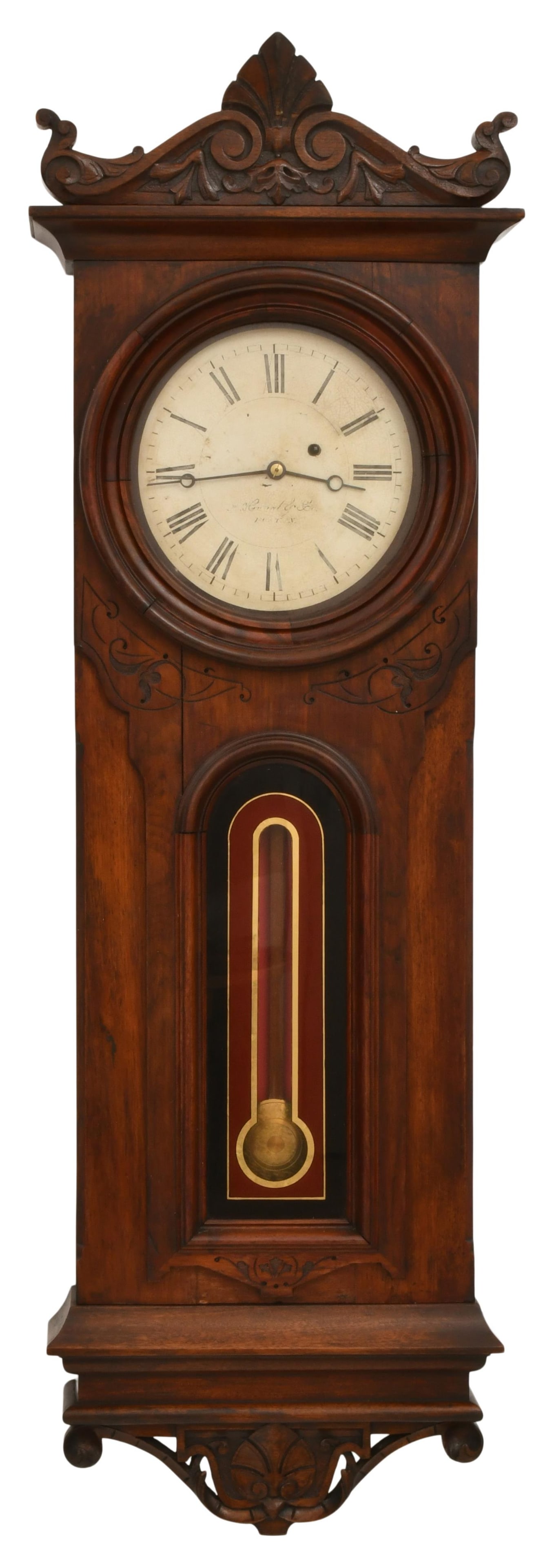 E. Howard & Co. No. 41 Wall Regulator Clock: E. Howard & Co. No. 41 Wall Regulator Clocklate 19th centuryblack walnut case with scrollwork and foliate carvings, 8-day brass weight driven time only movement, dial and movement signed "E. Howard &