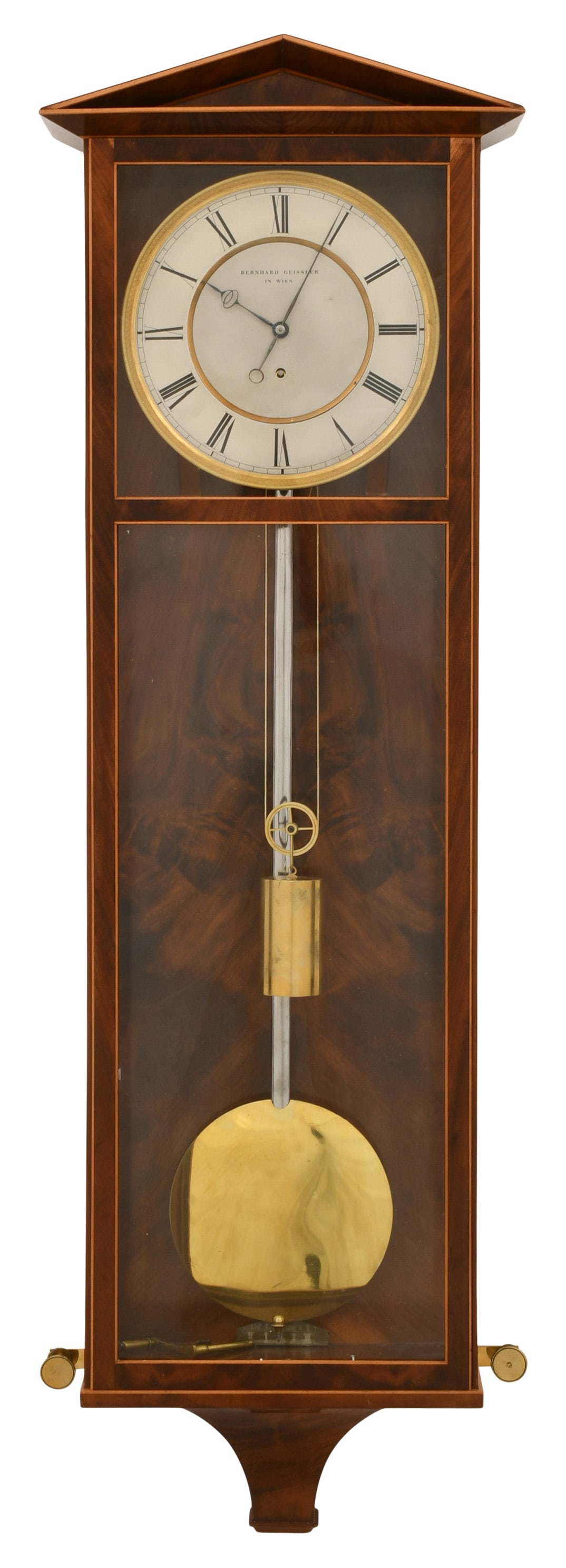 Bernhard Geissler Dachluhr Clock, Wien: Bernhard Geissler Dachluhr Clock, Wienearly 19th centurymahogany six-light case with satinwood edging, 8-day brass time only weight driven movement with maintaining power and two piece silvered dial,