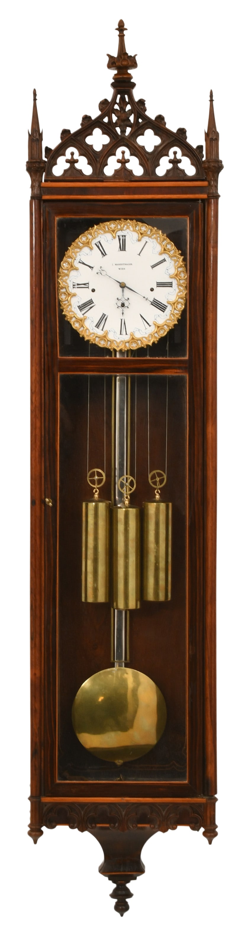 I. Marenthaler Gothic Revival Month-Duration Three-Weight Vienna Regulator Clock, Wien: I. Marenthaler Gothic Revival Month-Duration Three-Weight Vienna Regulator Clock, Wienmid-19th centurythe walnut case elaborately carved with spires, the porcelain dial with Roman hour numerals and br