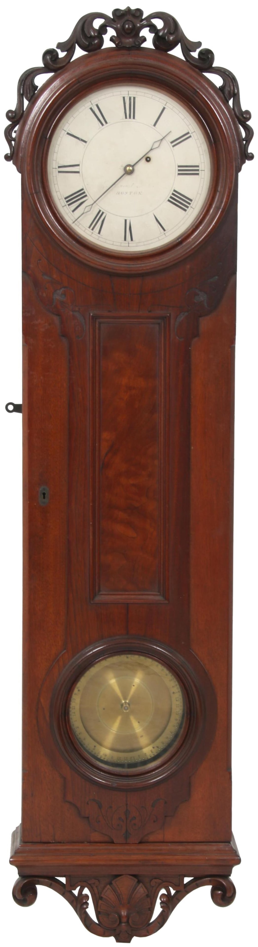 E. Howard & Co. No. 37 Watchman's Clock: E. Howard & Co. No. 37 Watchman's Clockcirca 1870-1875the 11-inch painted zinc dial with black Roman hour numerals and diamond shaped hands, 8-inch recording wheel and an eight-day, weight-driven move