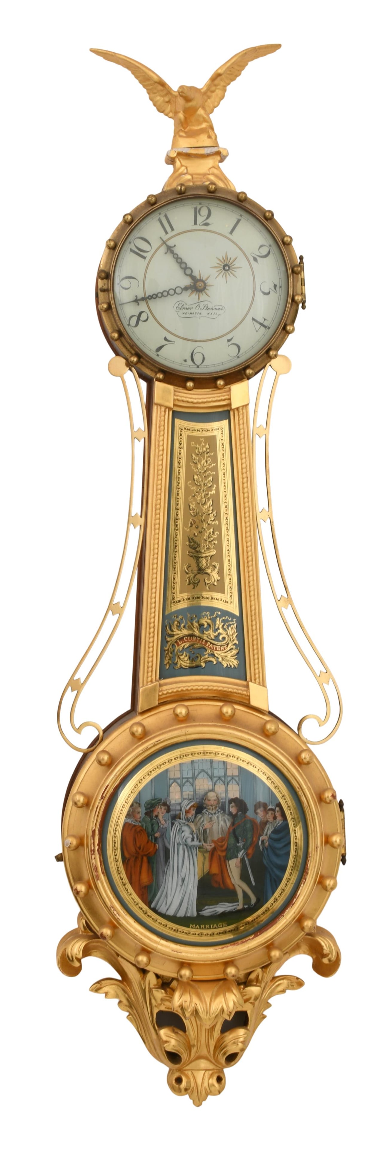 Elmer O. Stennes Girandole Banjo Clock, Pembroke, Massachusetts: Elmer O. Stennes Girandole Banjo Clock, Pembroke, Massachusettscirca 1973mahogany girandole gold leaf case with "Marriage" tablet, brass 8-day time-only weight-driven movement, case marked "73" for 19