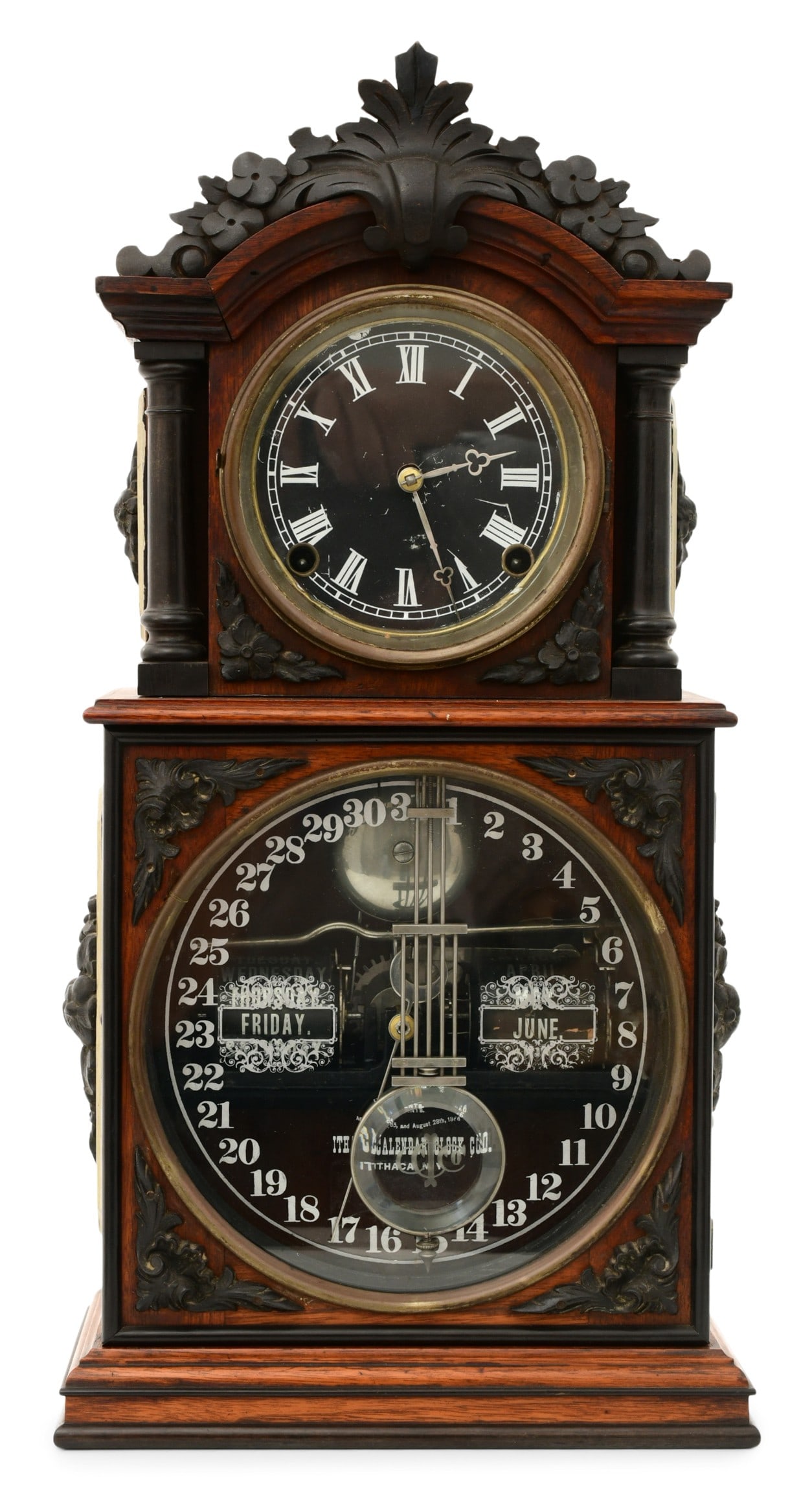 Ithaca "No. 3 1/2 Parlor" Double Dial Calendar Clock: Ithaca "No. 3 1/2 Parlor" Double Dial Calendar Clockcirca 1880brass 8-day spring driven movement with hour strike on a silvered bell, count wheel strike mechanism and silvered gridiron pendulum with e