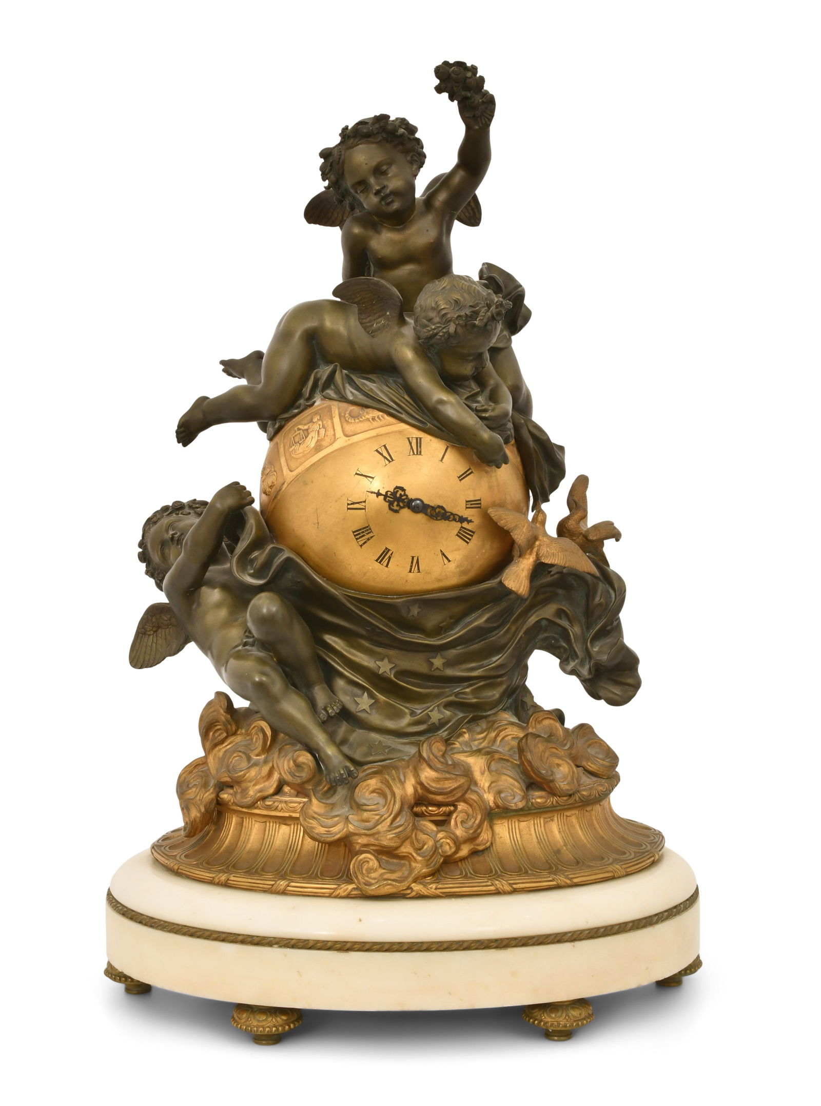French Napoleon III Bronze & Marble Figural Mantel Clock, E. Vittoz et Cie: French Napoleon III Bronze & Marble Figural Mantel Clock, E. Vittoz et Ciemid-19th centurythe cherubs encircling a globe clock having a zodiac band and Roman hour numerals, surmounted on a white marbl