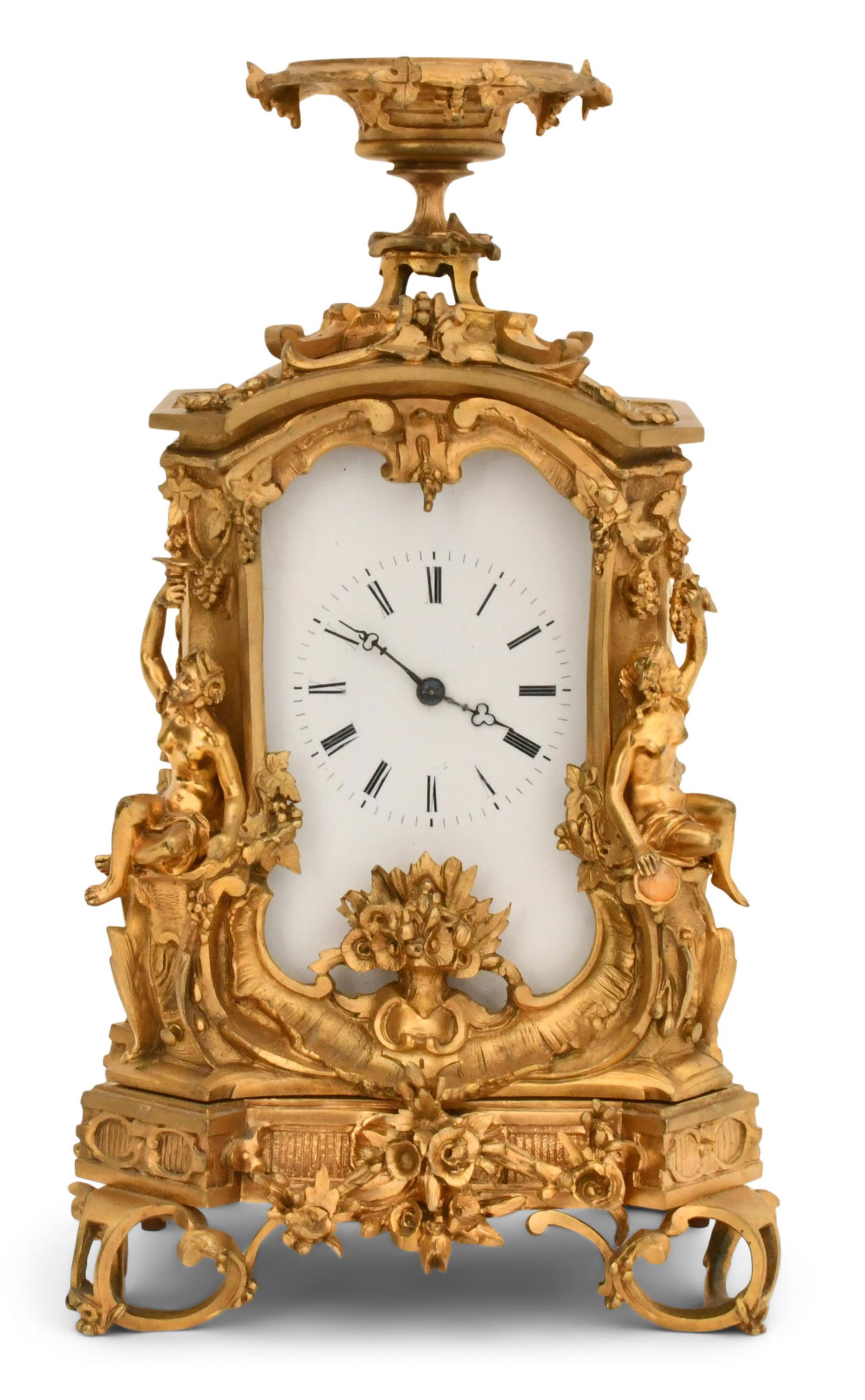 A Monumental French Gilt Bronze Figural Carriage Clock: A Monumental French Gilt Bronze Figural Carriage Clocklate 19th centurythe carriage clock with a 2 1/2-inch porcelain dial having black Roman hour numerals and pierced trefoil hands, quality brass 8 d