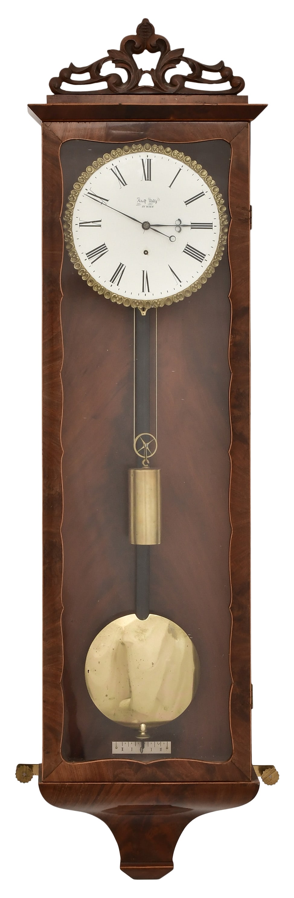 Adolf Uhlig Month Duration Biedermeier Vienna Regulator Clock, Wien: Adolf Uhlig Month Duration Biedermeier Vienna Regulator Clock, Wienearly 19th centuryrosewood veneer case with satinwood pinstripe inlay and porcelain dial having a piecrust bezel, month duration bras