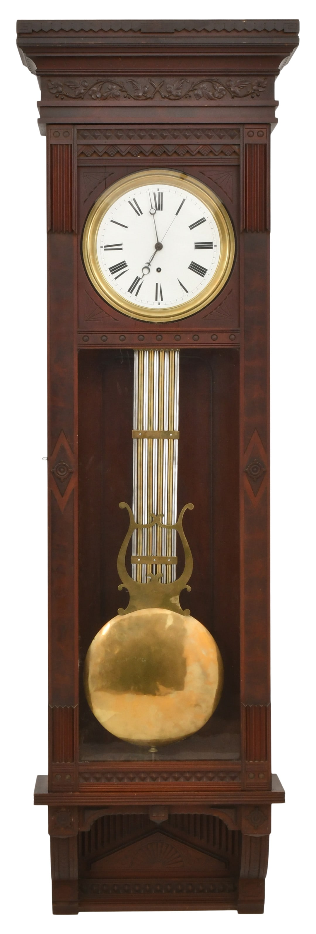 Waterbury Clock Co. "Regulator No. 7" Wall Clock: Waterbury Clock Co. "Regulator No. 7" Wall Clockcirca 1891walnut case with burl panels, 8-day time only weight driven movement with pinwheel escapement and lyre pendulum, unsigned82 x 25 x 10 1/2 inch