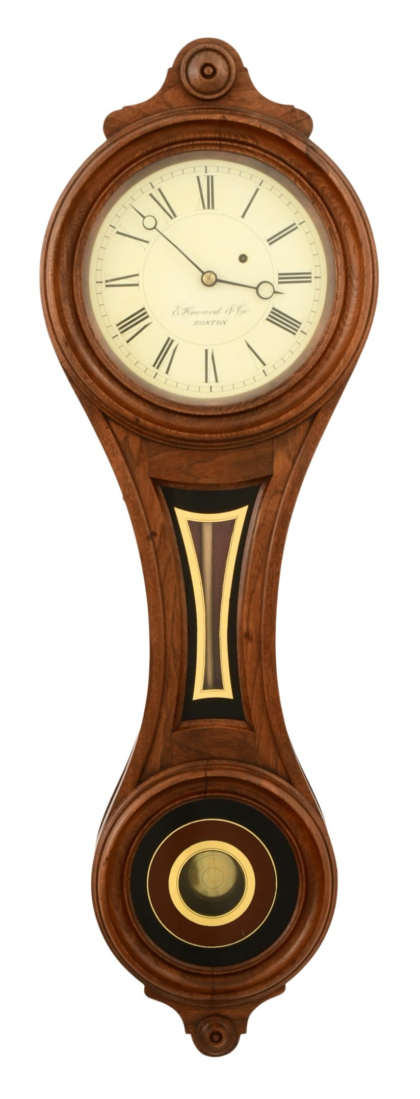 E. Howard & Co. "No. 9 Regulator" Figure Eight Wall Clock: E. Howard & Co. "No. 9 Regulator" Figure Eight Wall Clocklate 19th centurywalnut case with gold leaf and painted tablets, 8-day time only weight driven movement with recoil escapement, signed on the m