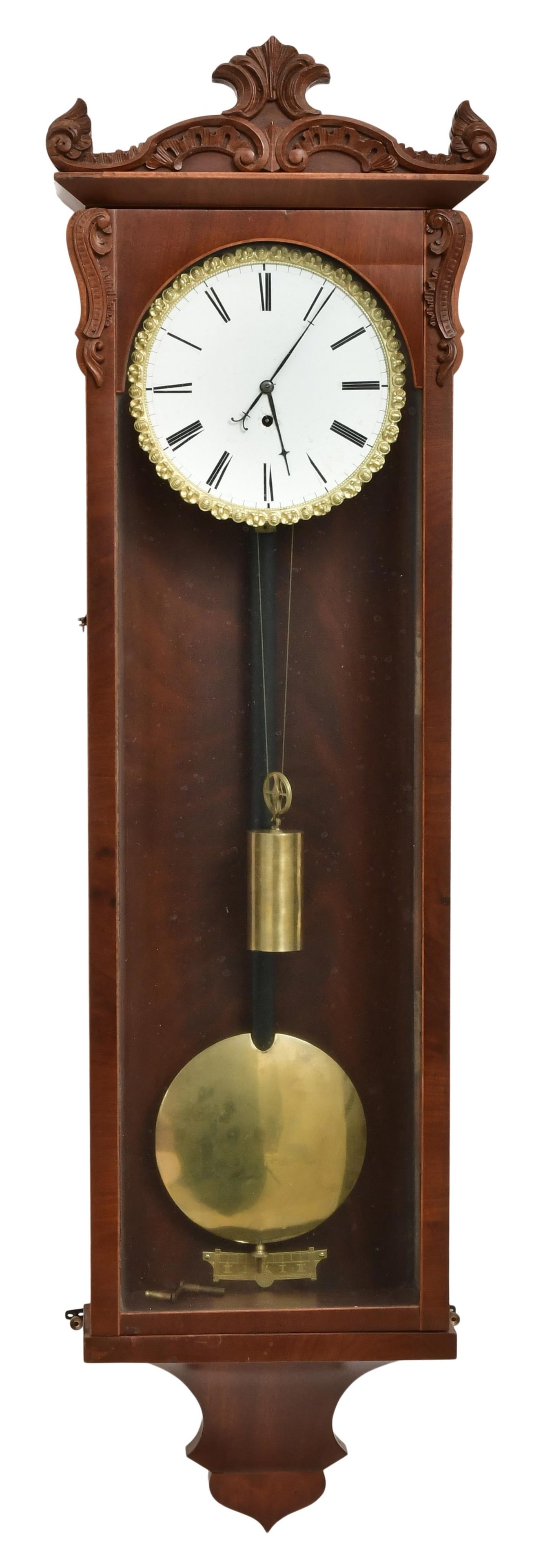 Biedermeier Vienna Regulator Clock: Biedermeier Vienna Regulator Clockmid-19th centurymahogany case with filigree carved crest and corner mounts, inlaid borders and acorn shaped lower bracket, 7-inch porcelain dial with black Roman hour
