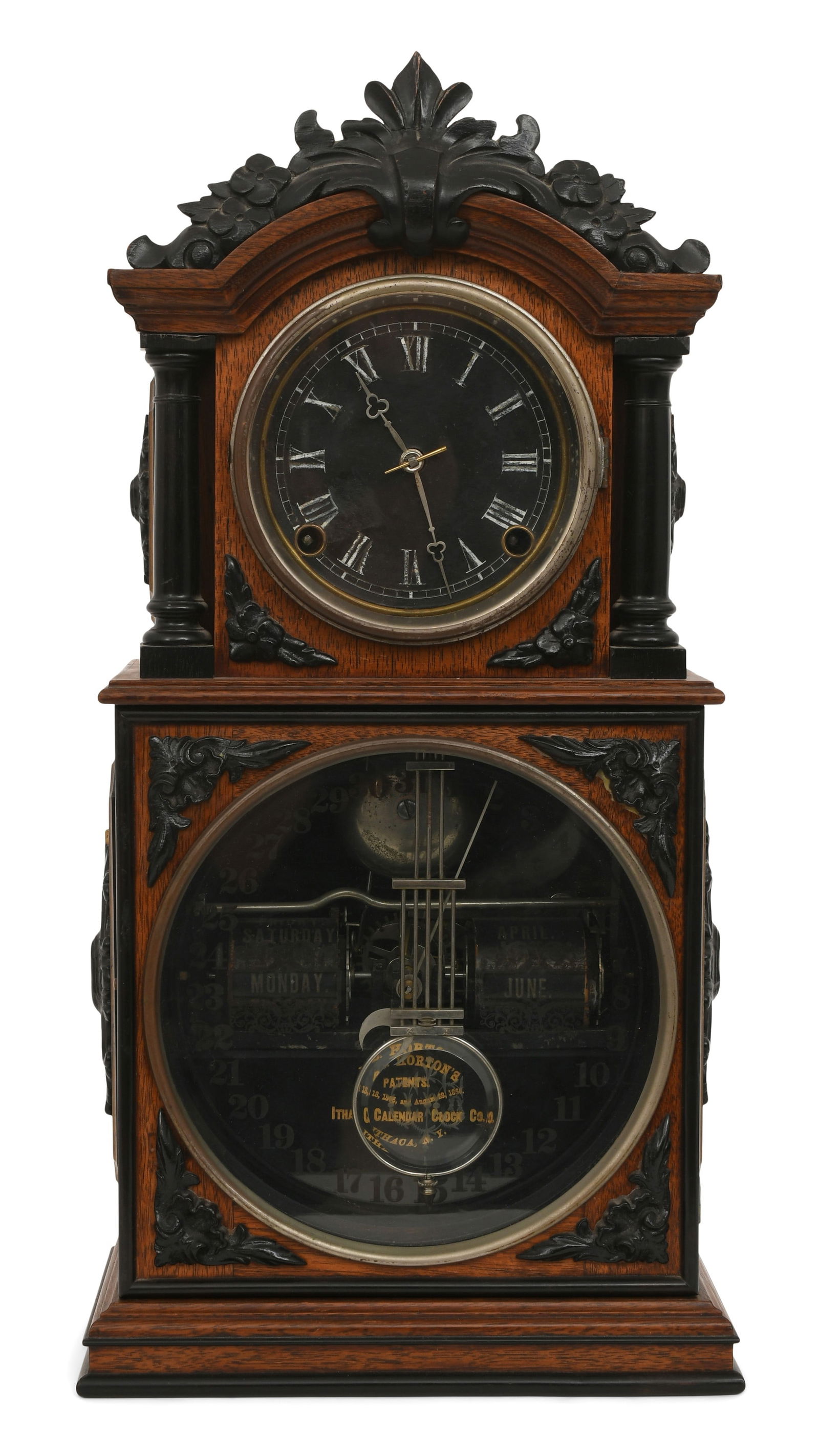 Ithaca "No. 3 1/2 Parlor" Double Dial Calendar Clock: Ithaca "No. 3 1/2 Parlor" Double Dial Calendar Clockcirca 1880'swalnut case with ebonized trim and a 6-inch black time dial, calendar dial is glass with silvered numbers and black calendar rolls, bras