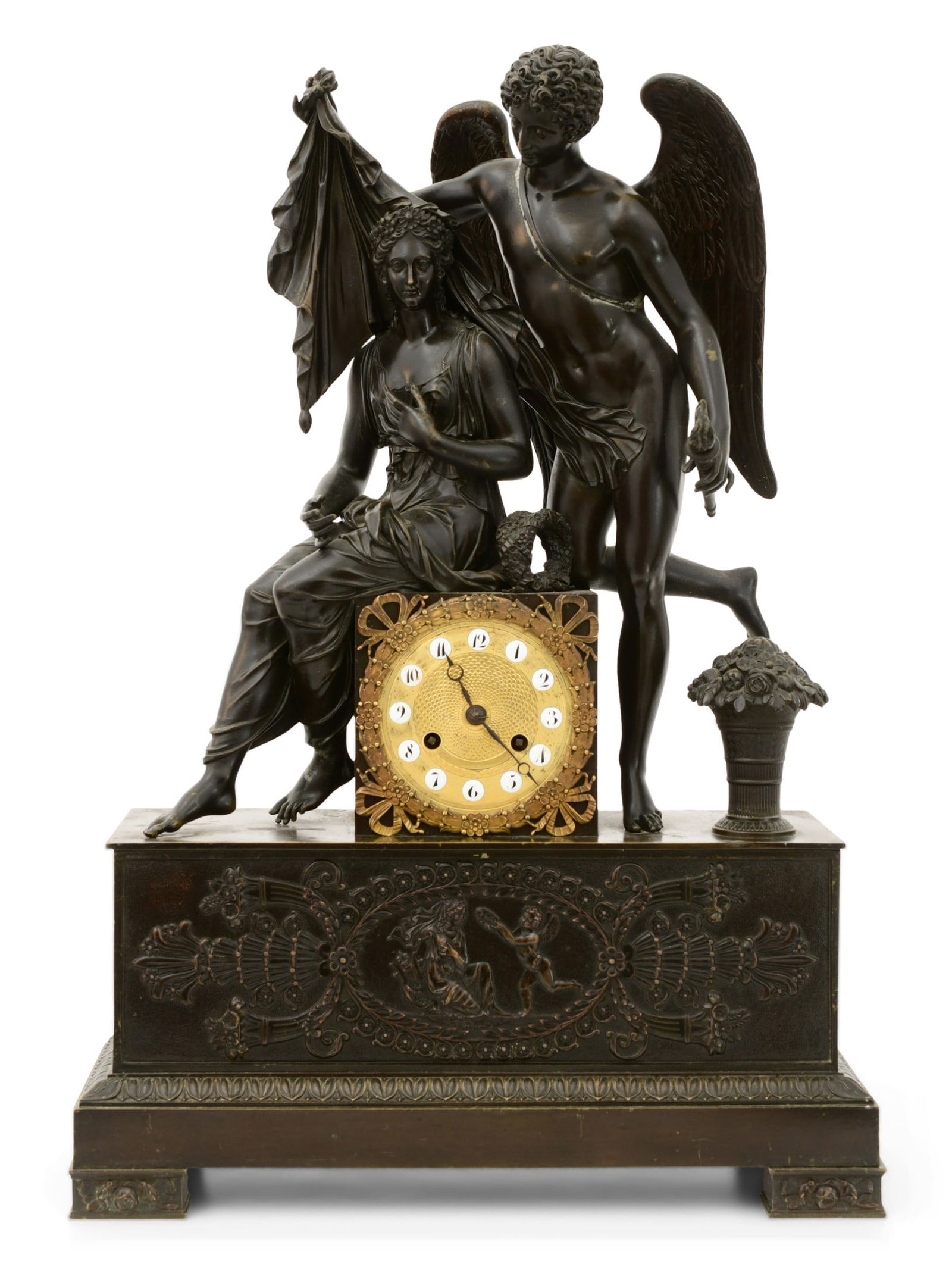 French Empire Style Patinated Bronze Clock with Cupid & Psyche: French Empire Style Patinated Bronze Mantel Clock, Cupid & Psychelate 19th centurybrass eight-day French round movement, dial with enamel cartouche numerals and open moon hands19 1/2 x 13 1/2 x 5 inch