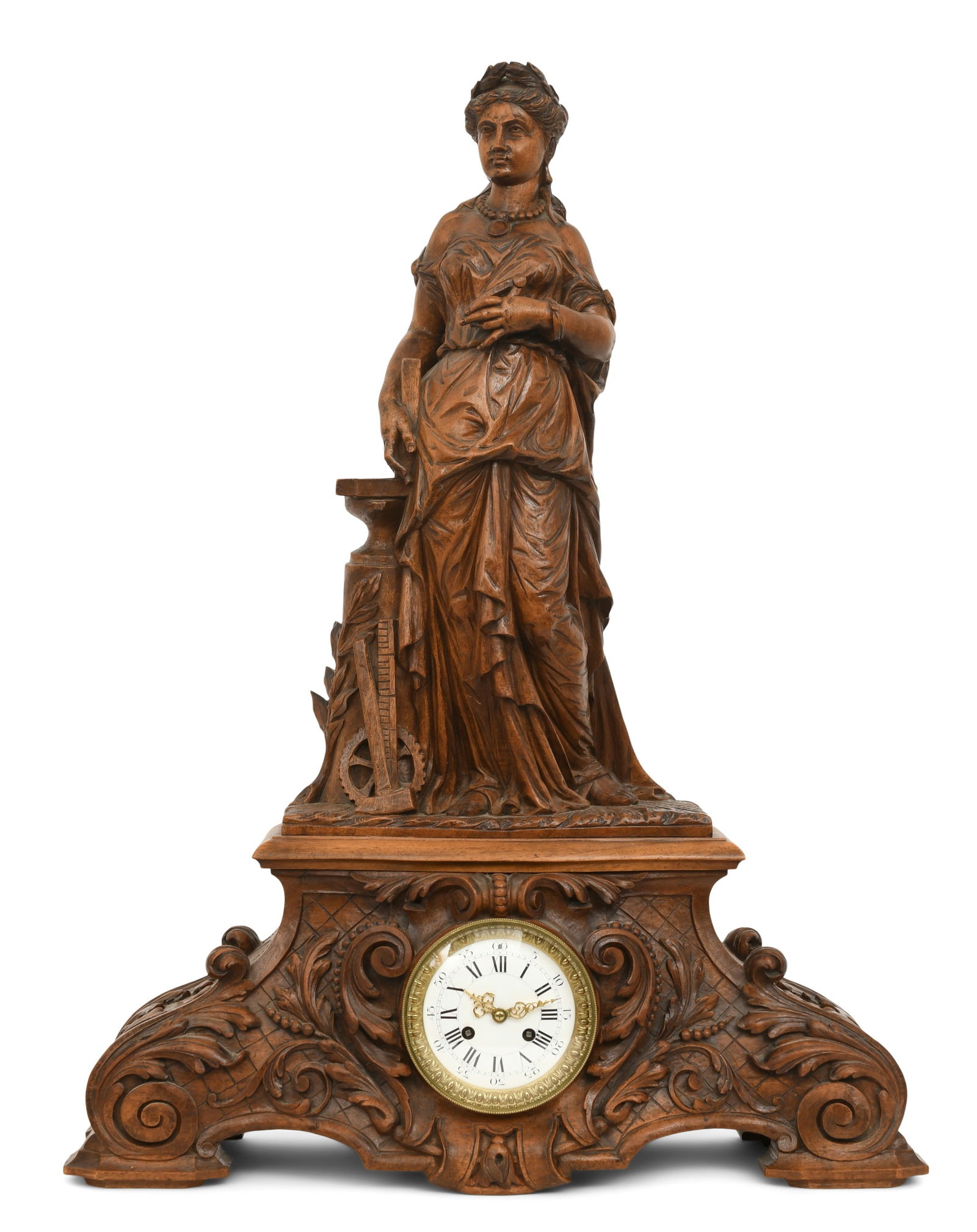 Black Forest Figural Carved Mantel Clock: Black Forest Figural Carved Mantel Clocklate 19th centurysurmounted by the Goddess of Industry, brass 8-day time and bell strike movement32 x 24 x 7 inches