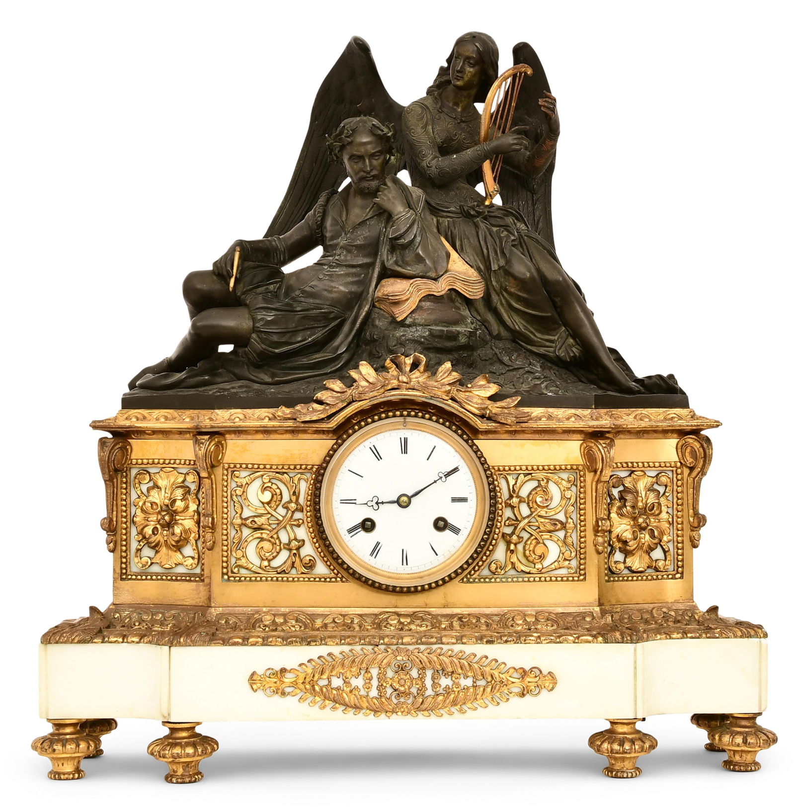 French Bronze-Mounted Onyx Figural Mantel Clock: French Bronze-Mounted Onyx Figural Mantel Clocklate 19th centurythe clock surmounted by an angel with harp and male figure, above foliate, scrollwork and a white porcelain dial with Roman hour numeral