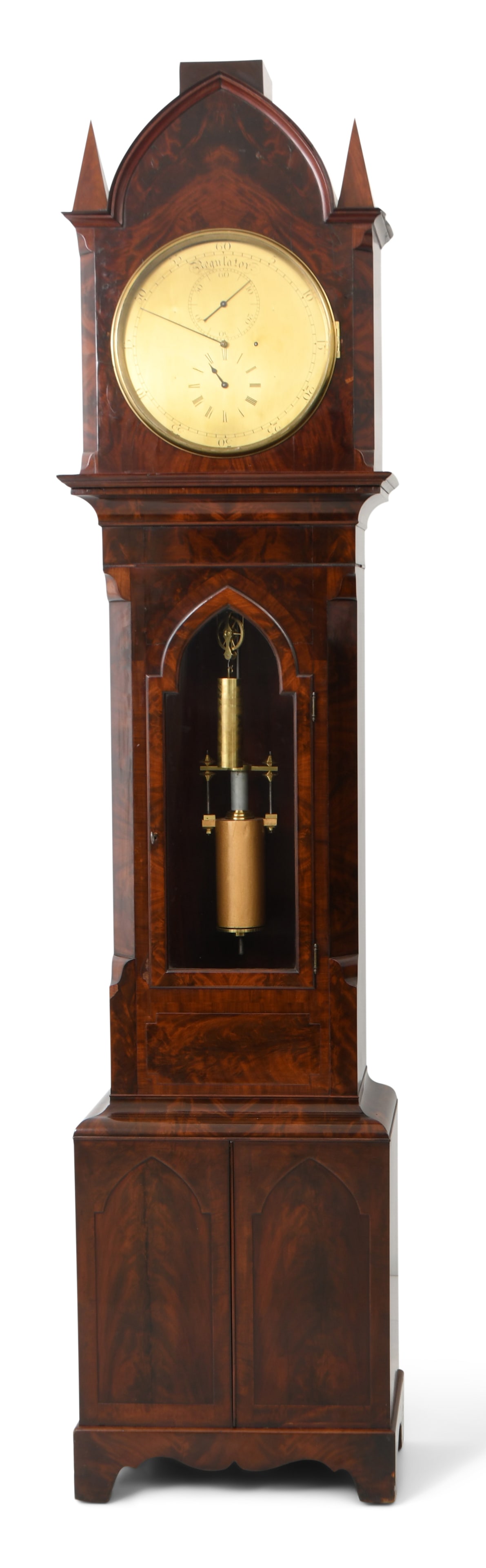 English Astronomical Floor Standing Regulator Clock: English Astronomical Floor Standing Regulator Clockearly 20th centurymahogany veneer case, brass 8-day jeweled (train and pallets) astronomical movement with unusual (possibly compensating) pendulum,