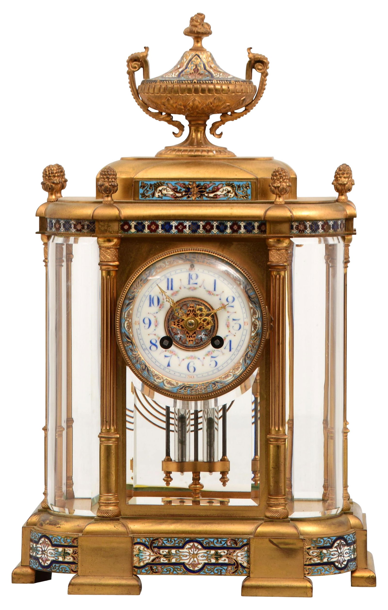 French Gilt Brass & Champleve Crystal Regulator Clock: French Gilt Brass & Champleve Crystal Regulator Clocklate 19th centurythe brass case with beveled glass and champleve decoration, brass 8-day time and gong strike movement with mercurial pendulum, mov
