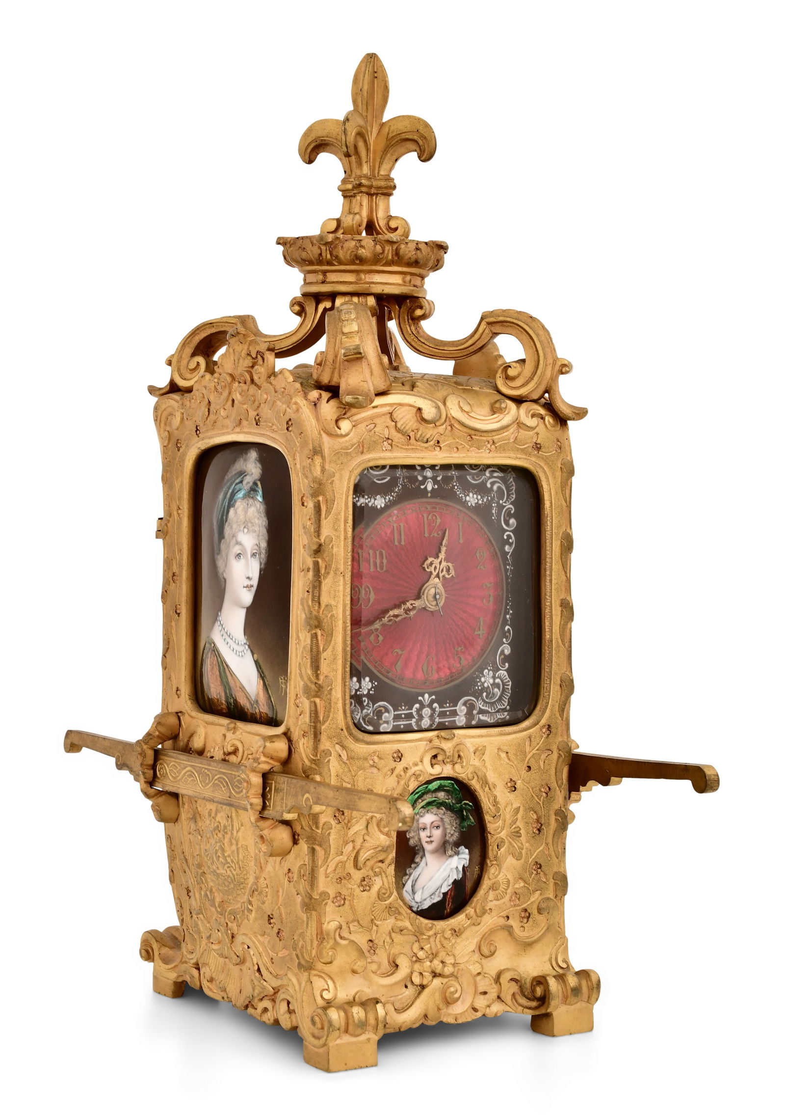 French Gilt Brass Sedan Chair Carriage Clock: French Gilt Brass Sedan Chair Carriage Clocklate 19th centurygilt metal case with painted side panels and Guilloche dial, 8-day brass time and strike movement with platform escapement, movement signed