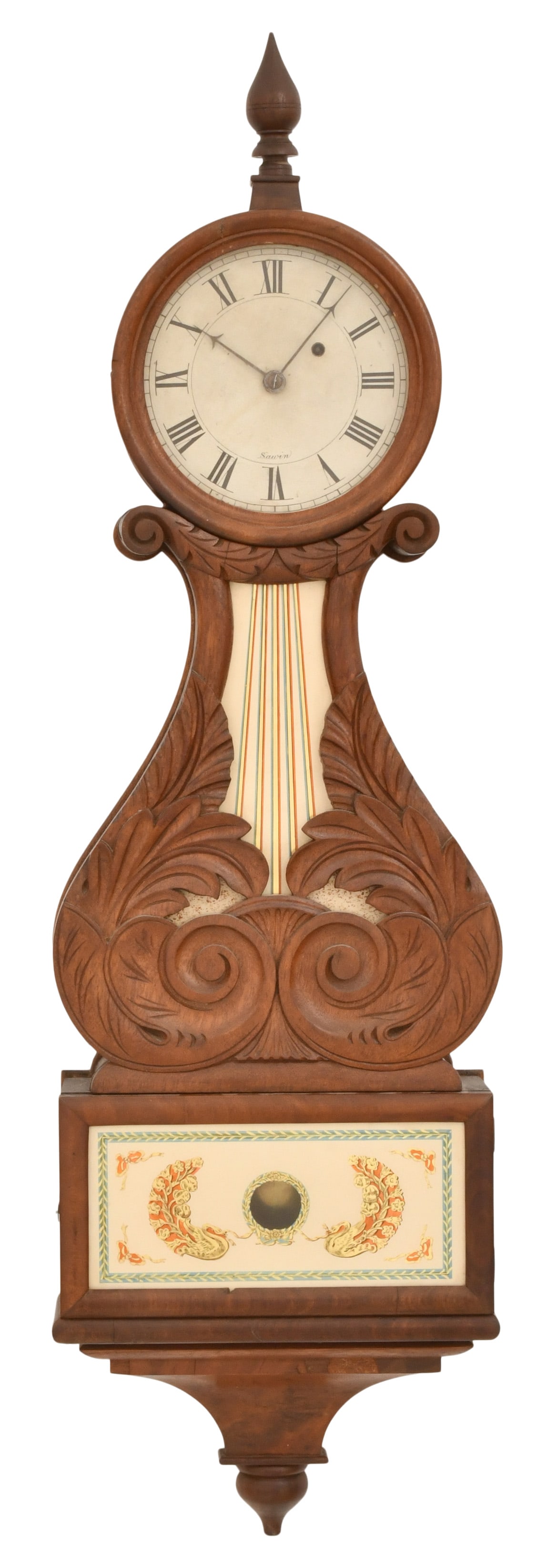 John Sawin (1799-1863), Mahogany Lyre Banjo Clock: John Sawin (1799-1863), Mahogany Lyre Banjo Clocklate 19th centurymahogany case with carved throat and glass tablets, 8-day brass time only movement with alternate train, signed on the lower portion o