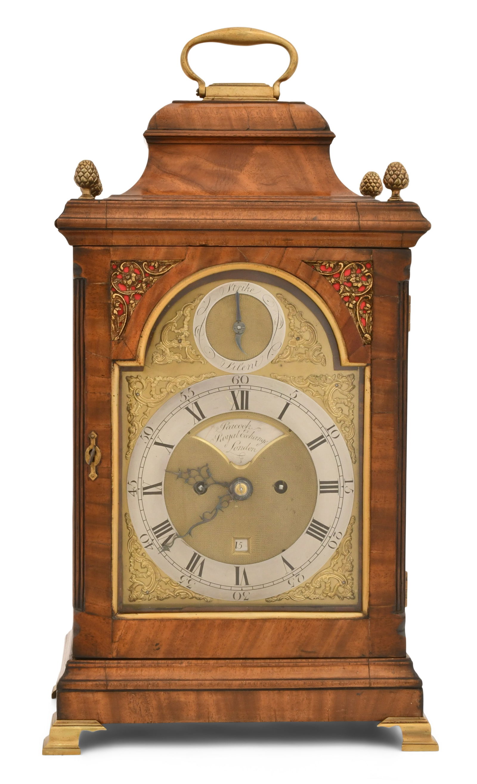 George Peacock, Royal Exchange, London, Double Fusee Bracket Clock: George Peacock, Royal Exchange, London, Double Fusee Bracket Clockcirca 1778-81mahogany case with brass feet, pineapple finials, and sarcophagus top, 8-day brass double fusee movement with verge escap