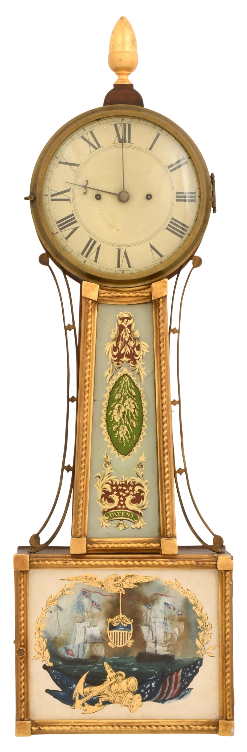 19th Century American Striking Banjo Clock, Signed A. Willard: 19th Century American Striking Banjo Clock, Signed A. Willardcirca 1830'smahogany case with gilded rope frames and reverse painted tablets, brass 8-day weight driven time and strike 4 pillar movement,