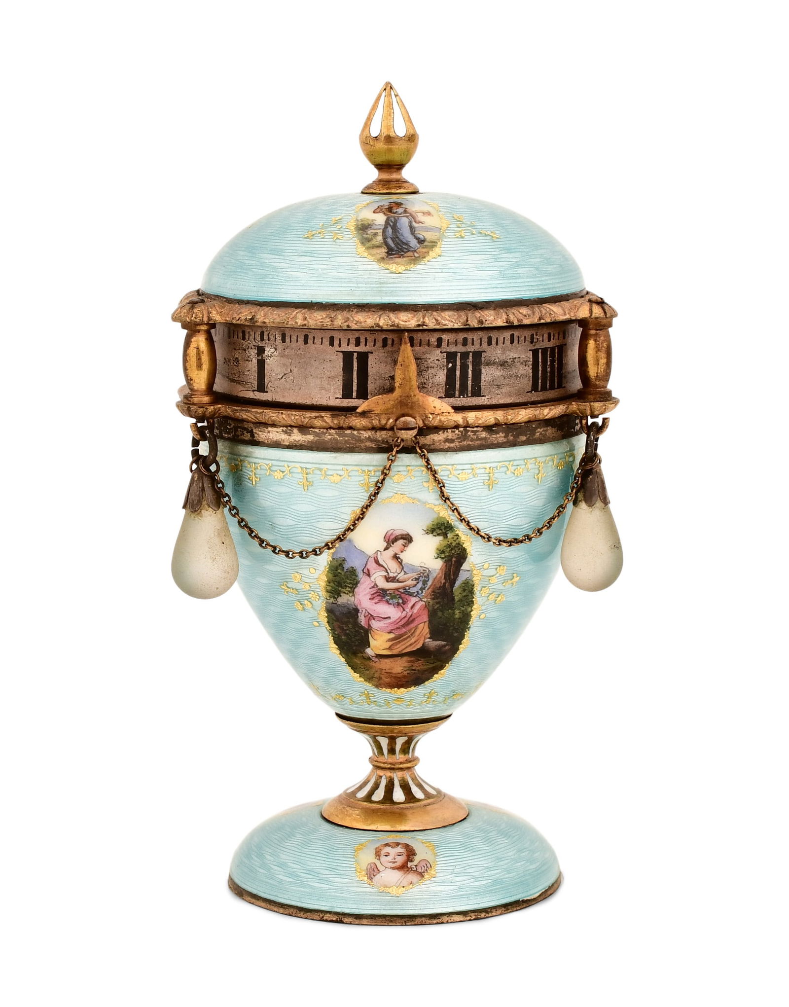 French Guilloche Enamel & Gilt Bronze Annular Clock: French Guilloche Enamel & Gilt Bronze Annular Clockcirca 1900the case decorated with hand-painted scenes of classical figures, on an onyx base, 30-hour brass spring driven movement with lever escapeme
