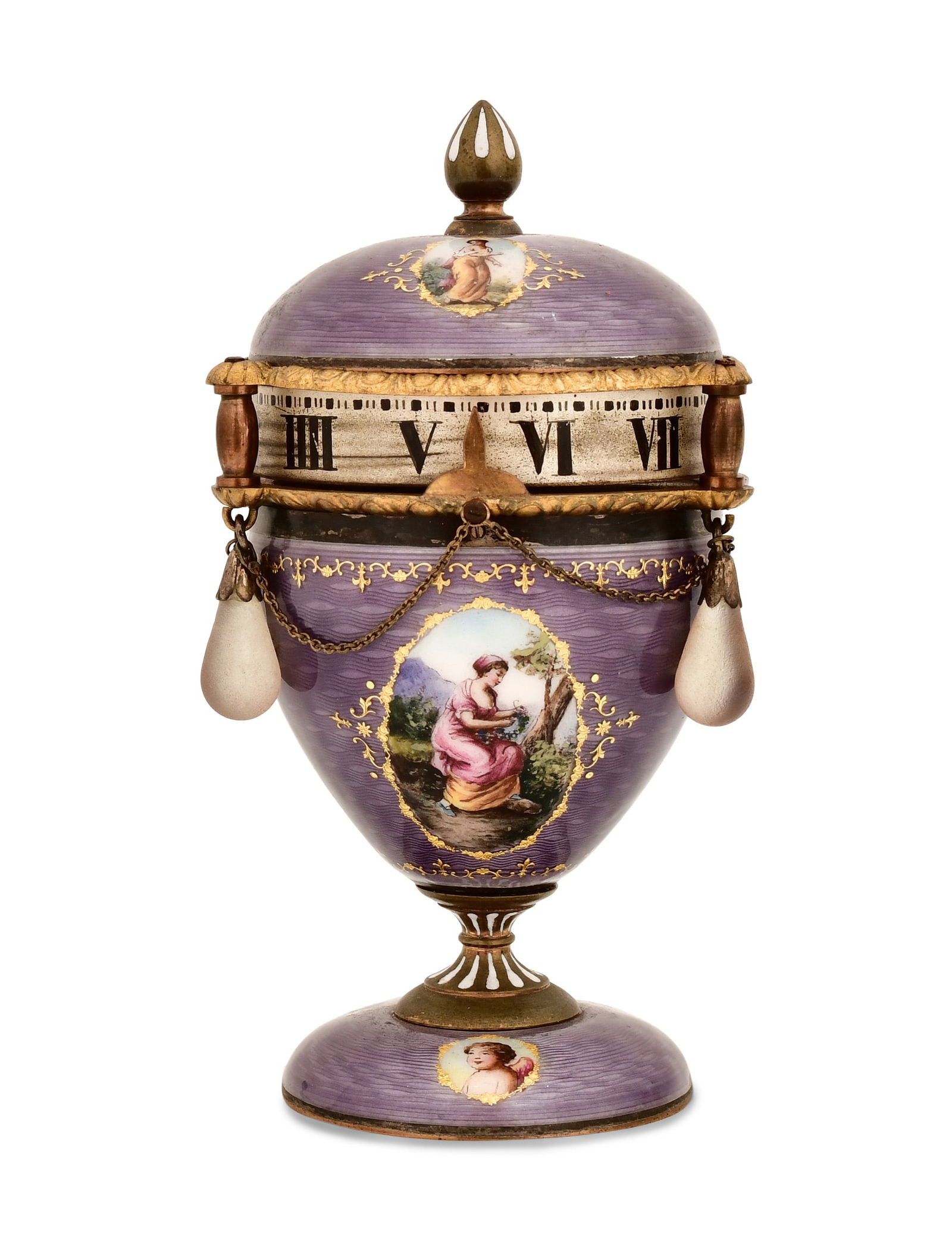 French Guilloche Enamel & Gilt Bronze Annular Clock: French Guilloche Enamel & Gilt Bronze Annular Clockcirca 1900the case decorated with hand-painted scenes of classical figures, on an onyx base, 30-hour brass spring driven movement with lever escapeme