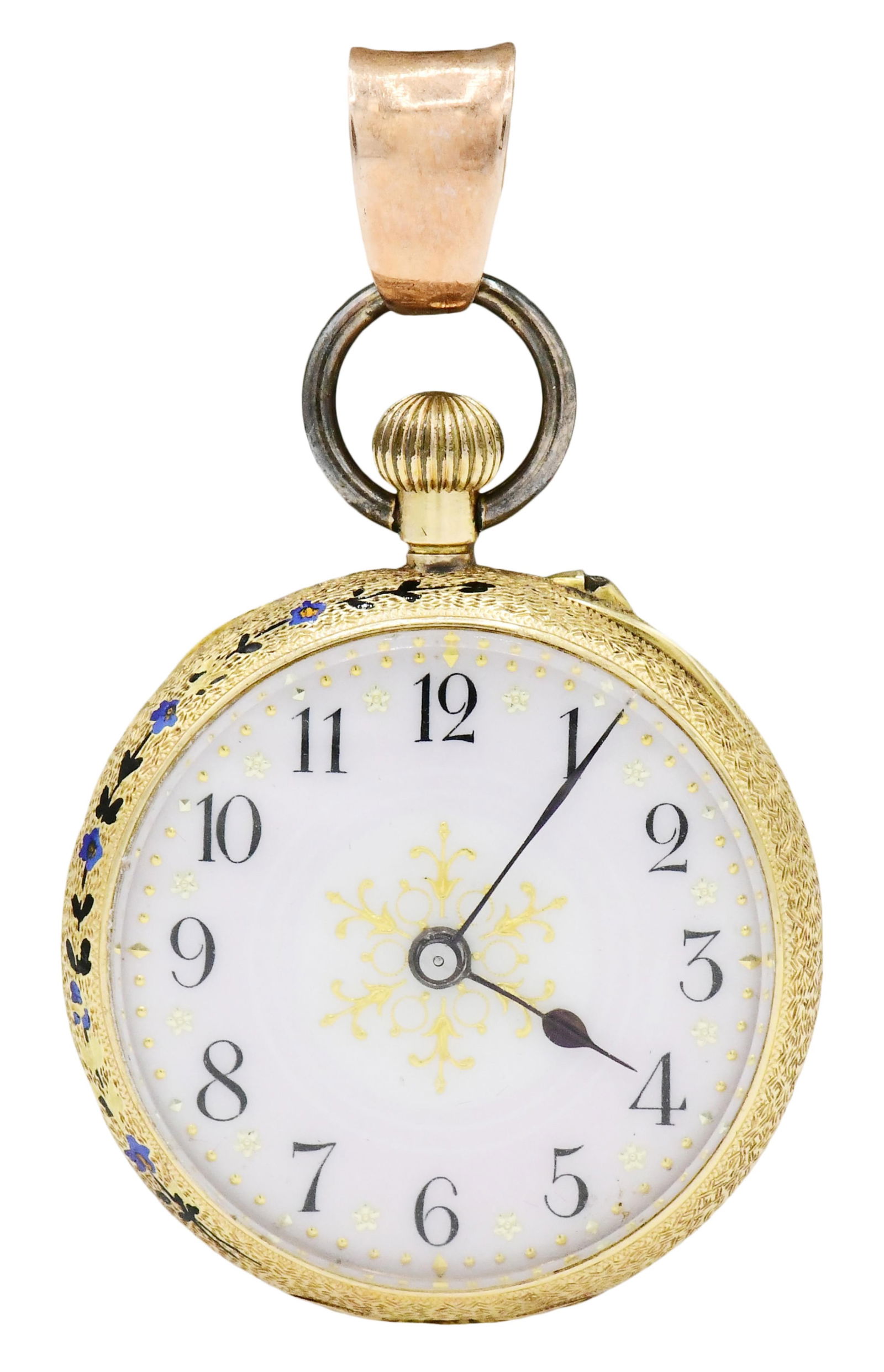 Halifax 18K Gold and Enamel Pocket Watch: Halifax 18K Gold and Enamel Pocket WatchCase: 18K goldCase Diameter: 30mmDial: Fancy porcelainMovement: mechanical, pin set, cylinder escapementDial Marked: unsigned,Case Marked: 18K/10569, Engraved "