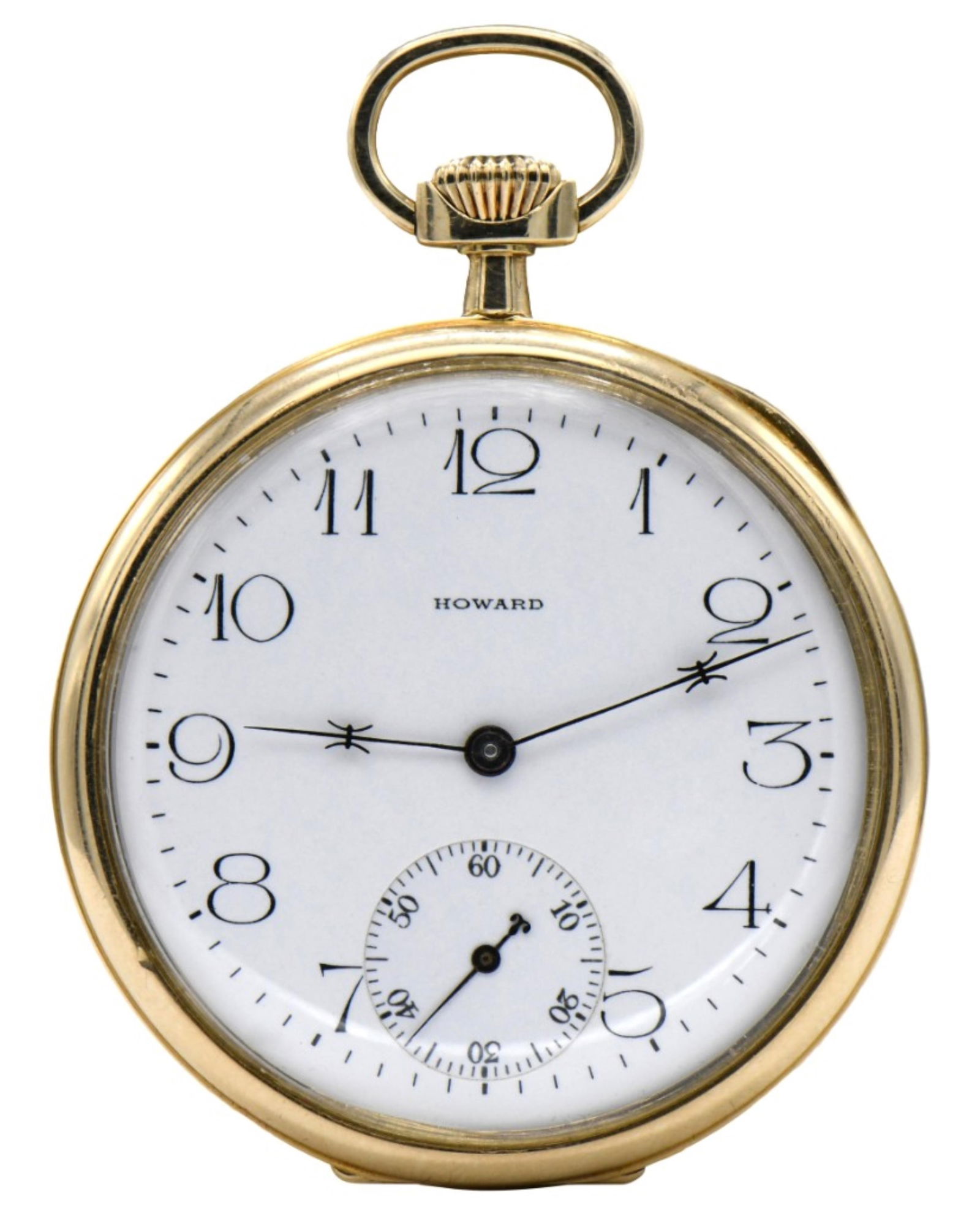 E. Howard & Co. 14K Gold Open Face Pocket Watch with Original Box: E. Howard & Co. 14K Gold Open Face Pocket Watch with Original BoxCase: 14K gold, 45 mm, No. 144272, polished, monogram on back coverDial: enamel, Arabic numerals, subsidiary seconds dial at 6, butterf