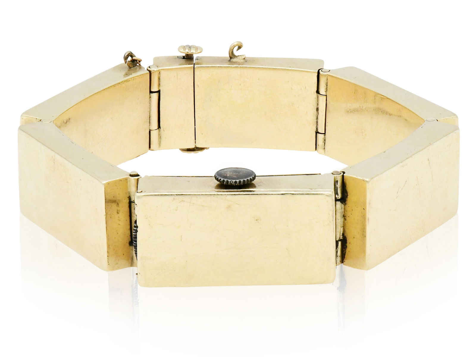 AGWA Watch Co. 10K Yellow Gold Bracelet Watch: AGWA Watch Co. 10K Yellow Gold Bracelet WatchCase Material: 10K yellow goldCase Dimensions: 28 x 15 mmDial: salmon colored with aged patinaMovement: 17 jewels, adj. temp & two positions, Geneva qualit