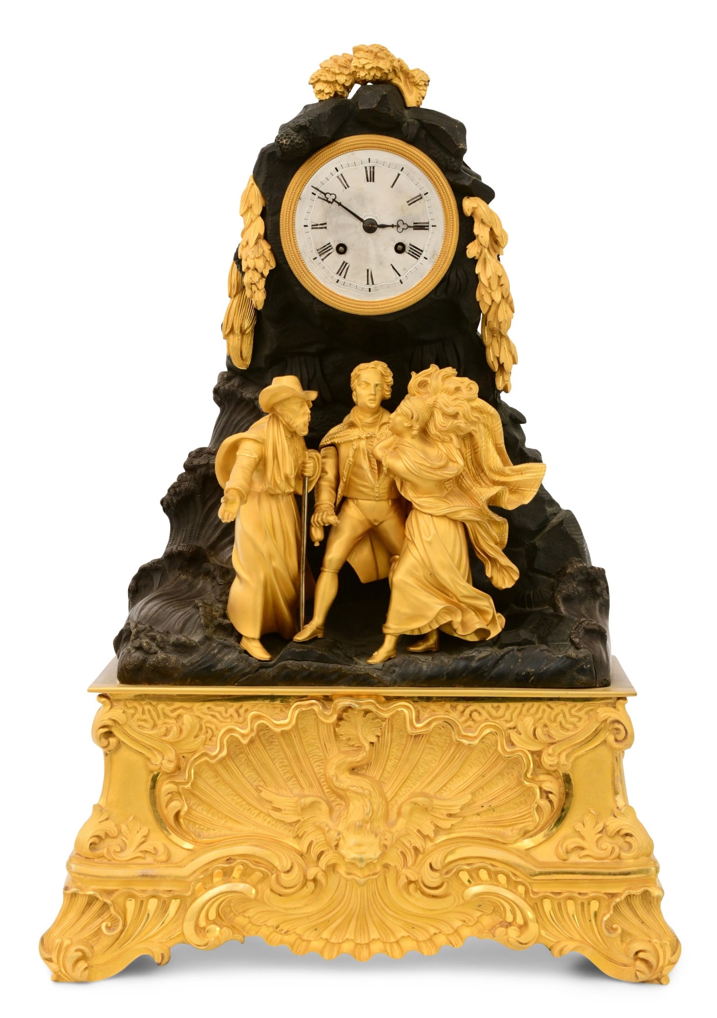 French Charles X Gilt & Patinated Bronze Mantel Clock: French Charles X Gilt & Patinated Bronze Mantel Clockmid-19th centurywith an old man carrying a staff and a young woman and man, leaves hang down from the top, scrolling filigree at the base surroundi