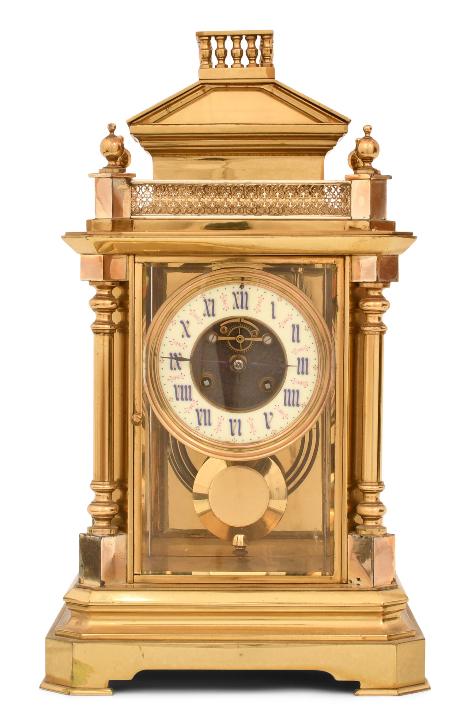 French Gilt Brass Crystal Regulator Clock: French Gilt Brass Crystal Regulator Clocklate 19th centurygilt brass case with columns and spindled top gallery, French ebauche 8-day spring driven time and strike movement with brocot escapement, mov