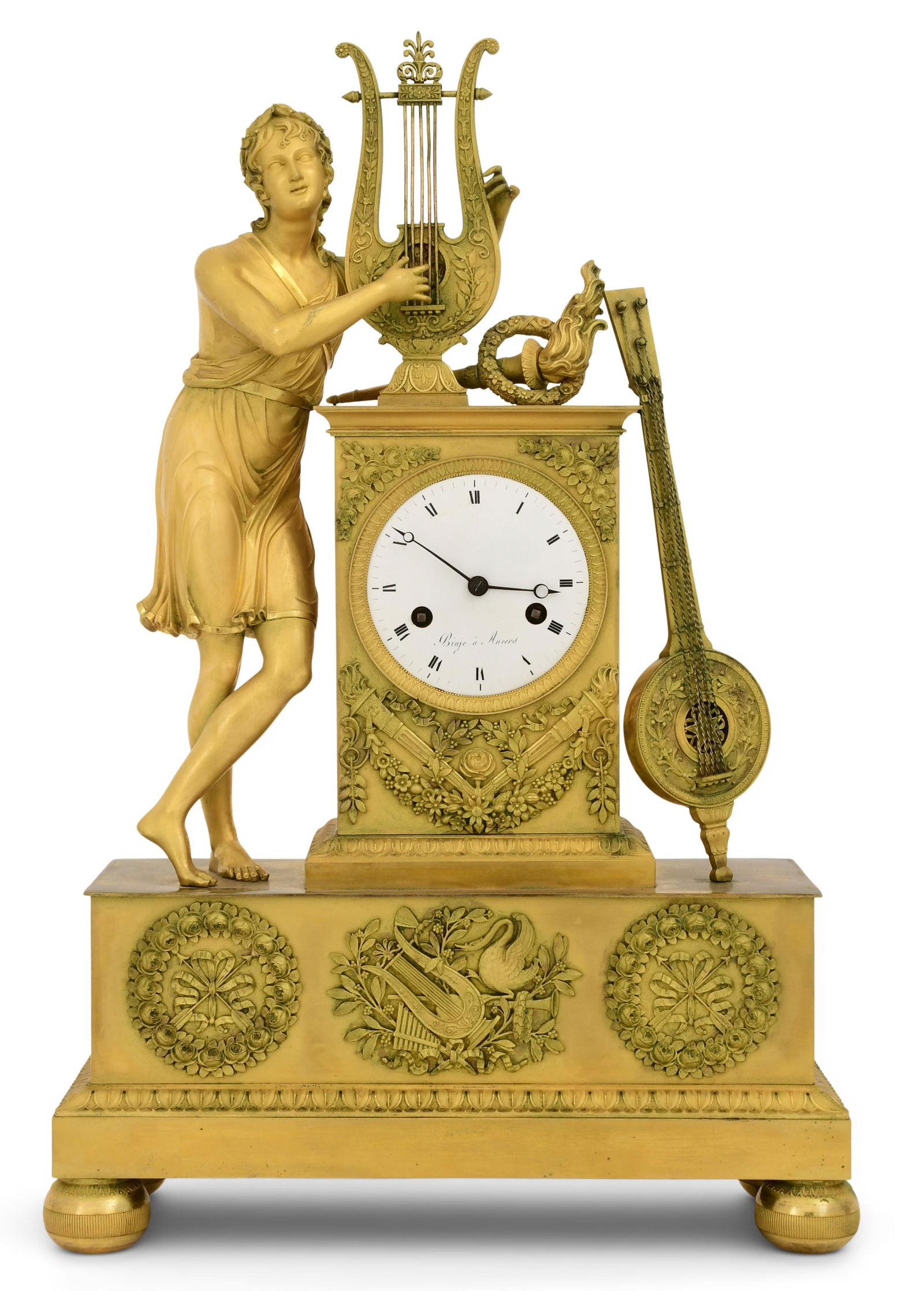 French Empire Gilt Bronze Mantel Clock with Aphrodite: French Empire Gilt Bronze Mantel Clock with Aphroditeearly 19th centurythe clock surmounted by the goddess Aphrodite riding along the waves in a shell-form chariot amongst swans and a dolphin, French