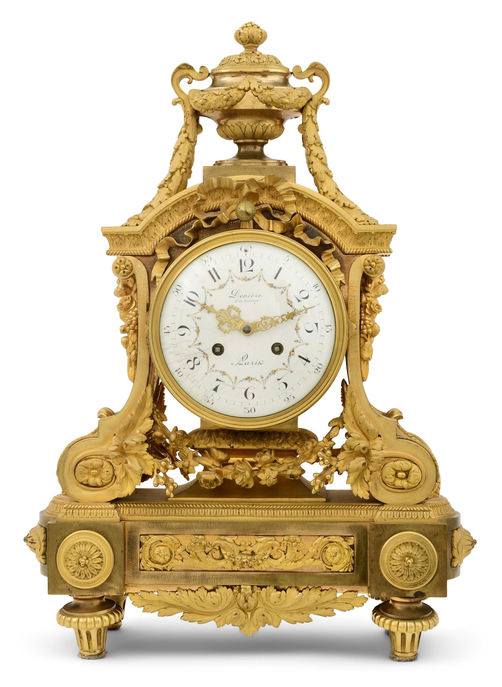 French Louis XVI-Style Gilt Bronze Mantel Clock, Deniere, Paris: French Louis XVI-Style Gilt Bronze Mantel Clock, Deniere, Parislate 19th centurythe clock surmounted by an urn above garland, ribbons, floral swags and scrollwork, the porcelain dial with Arabic numer