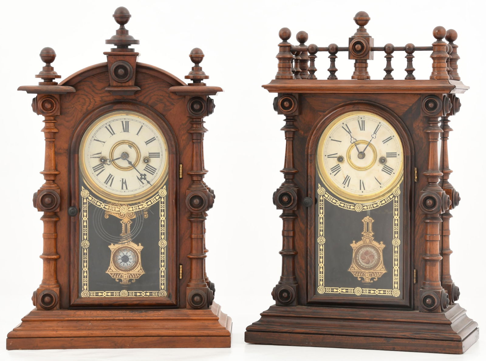 E.N. Welch "Patti" & "Gerster" Mantel Clocks: E.N. Welch "Patti" & "Gerster" Mantel Clockslate 19th centuryrosewood veneer cases, 8-day time and strike movements, signed paper labels on back of cases19 x 12 x 6 inches (largest)