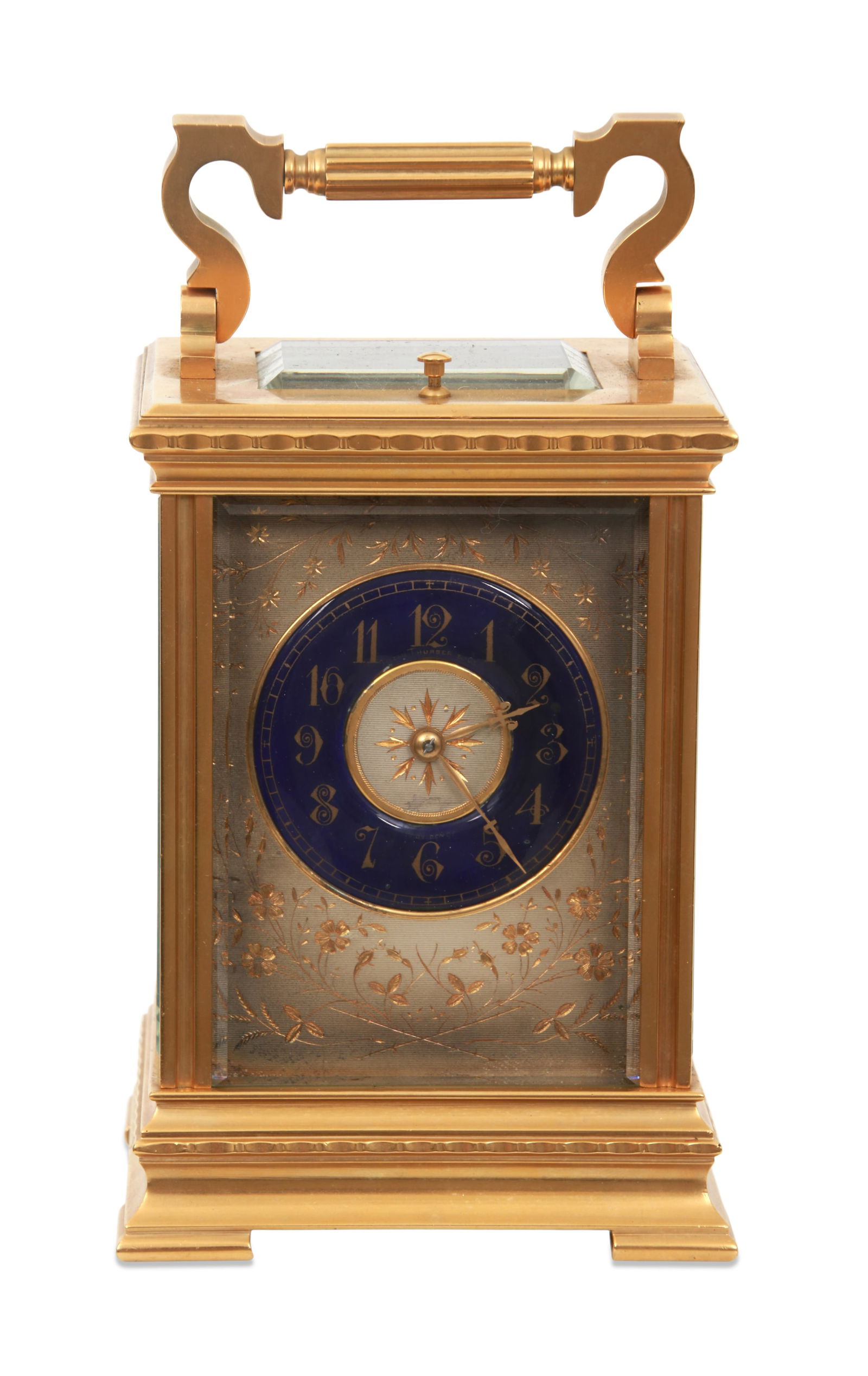 French Brass Hour Repeating Carriage Clock, Retailed by Tilden Thurber & Co., Providence: French Brass Hour Repeating Carriage Clock, Retailed by Tilden Thurber & Co., Providencelate 19th centurythe clock with a 2 1/4-inch blue porcelain dial signed "Tilden Thurber & Co., Providence," with