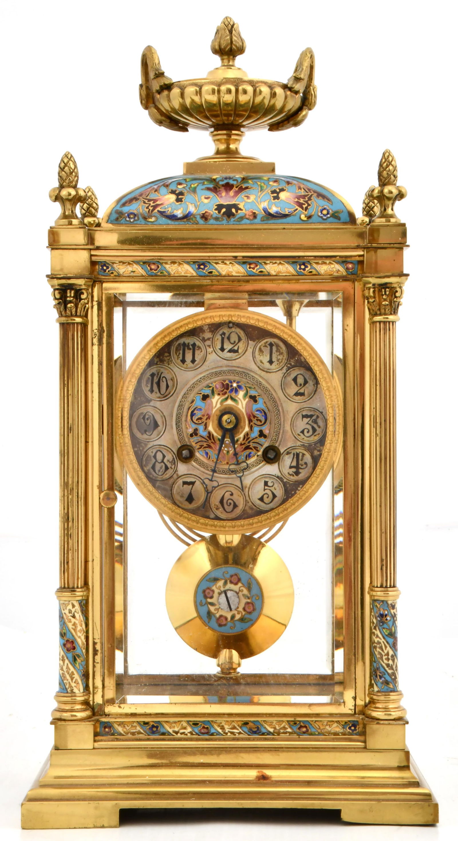 French Champleve & Gilt Brass Crystal Regulator Clock: French Champleve & Gilt Brass Crystal Regulator Clocklate 19th centurythe case surmounted by an urn and finials above four columns, the 8-day movement with jeweled brocot escapement and striking on a