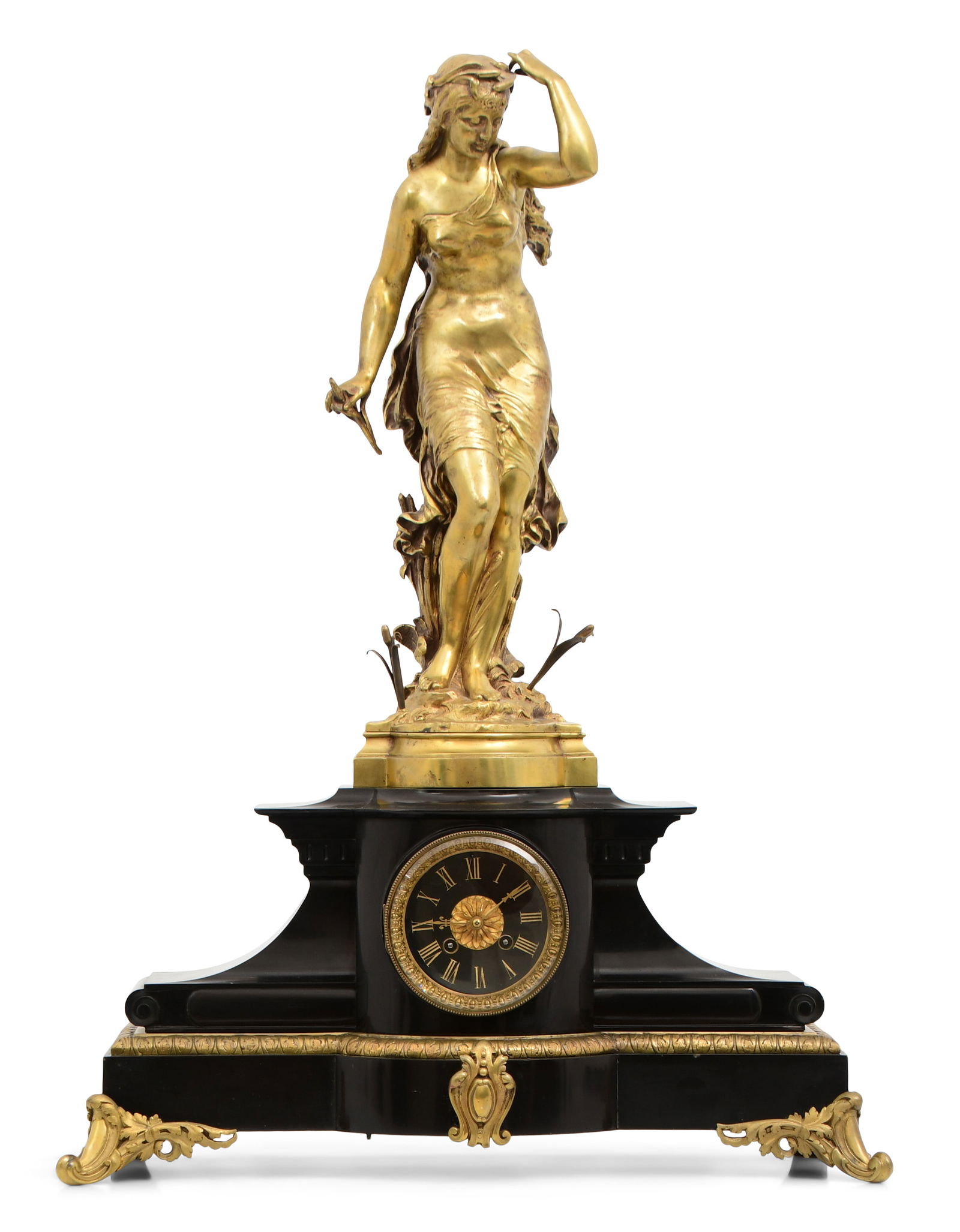 French Gilt Bronze & Marble Mantel Clock, Auguste Moreau (French, 1834-1917): French Gilt Bronze & Marble Mantel Clock, Auguste Moreau (French, 1834-1917)late 19th centurythe clock surmounted by a gilt bronze sculpture of a woman by Auguste Moreau (French, 1834-1917), 8-day tim