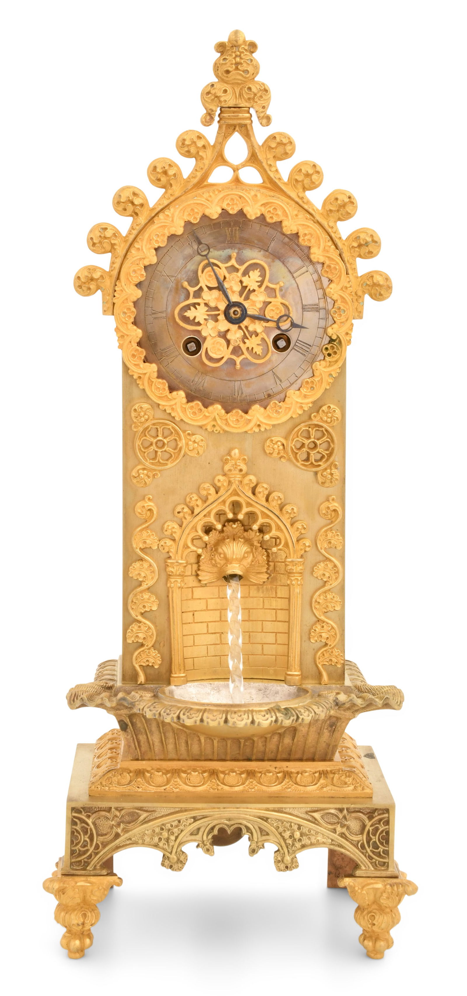 French Empire Gilt Bronze Animated Fountain Clock: French Empire Gilt Bronze Animated Fountain Clockearly 19th centurygilt bronze case in the form of a decorative fountain with a spinning glass tube to simulate flowing water, French ebauche 8-day bras