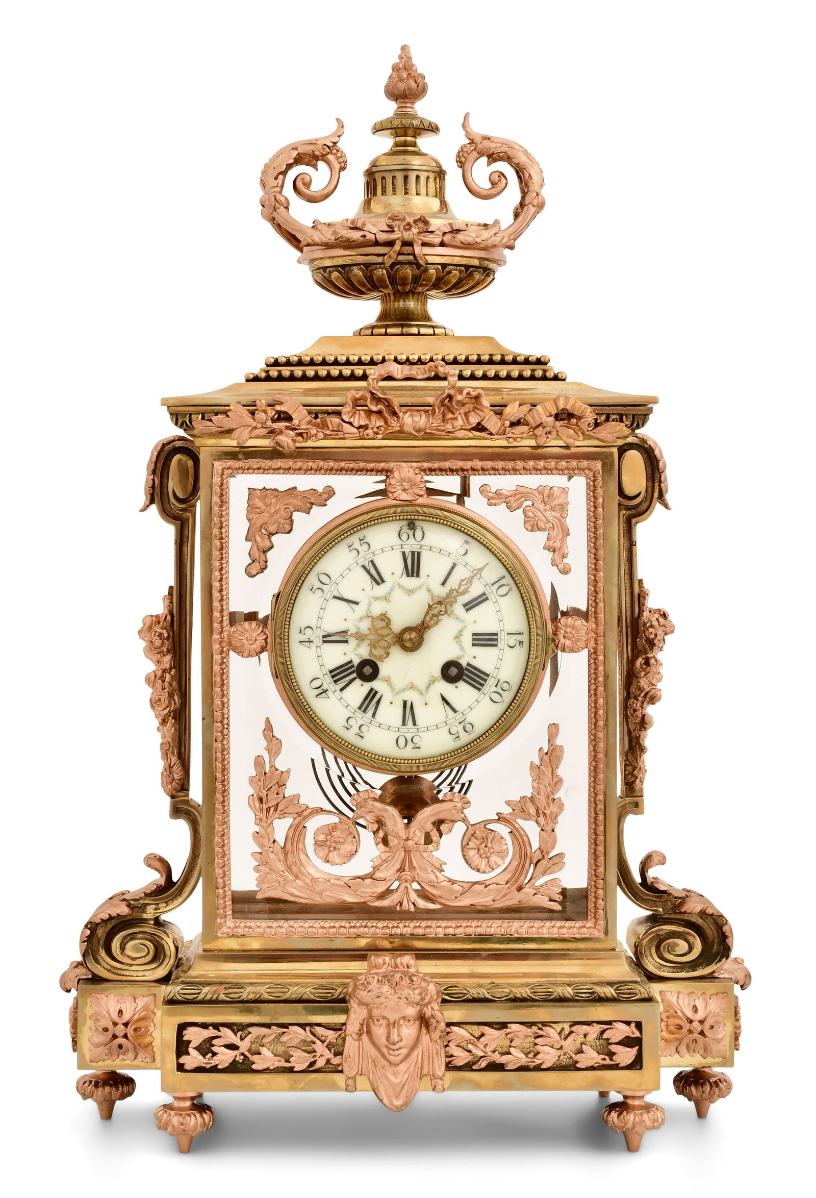 French Gilt Bronze Crystal Regulator Clock: French Gilt Bronze Crystal Regulator Clockearly 20th centurythe gilt bronze frame with gilt brass mountings and surmounted urn, French ebauche 8-day brass spring driven movement, movement signed with